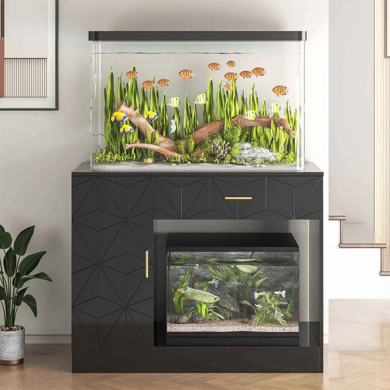 Saudism 40 Gallon Fish Tank Stand, 29-50 Gallon Aquarium Stand, Black Tank Stand, Fish Tank Table with Drawer and Cabinet, Sturdy and Durable