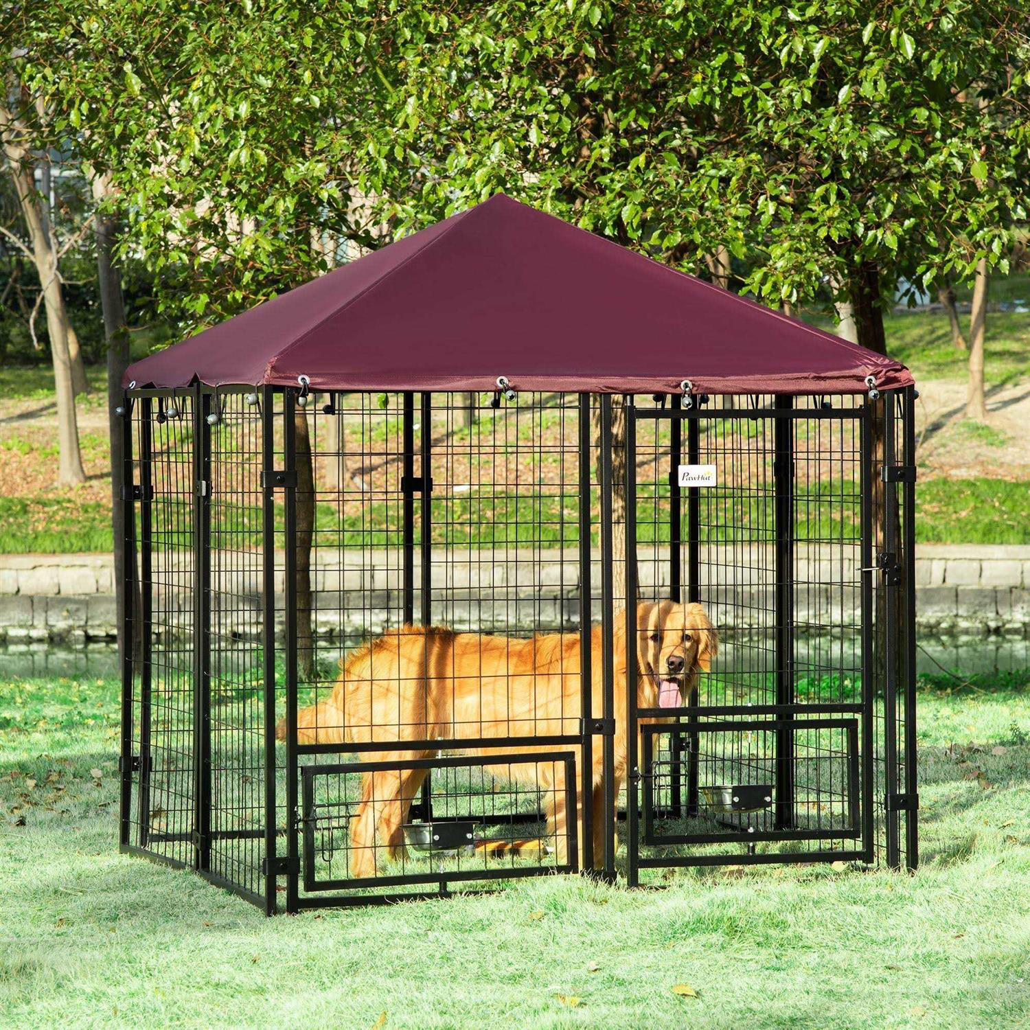 Alternative view of PawHut Indoor/Outdoor Metal Dog Kennel, Dog House with Lock, Weather Resistant Canopy and 2 Bowl Holders and Bowls