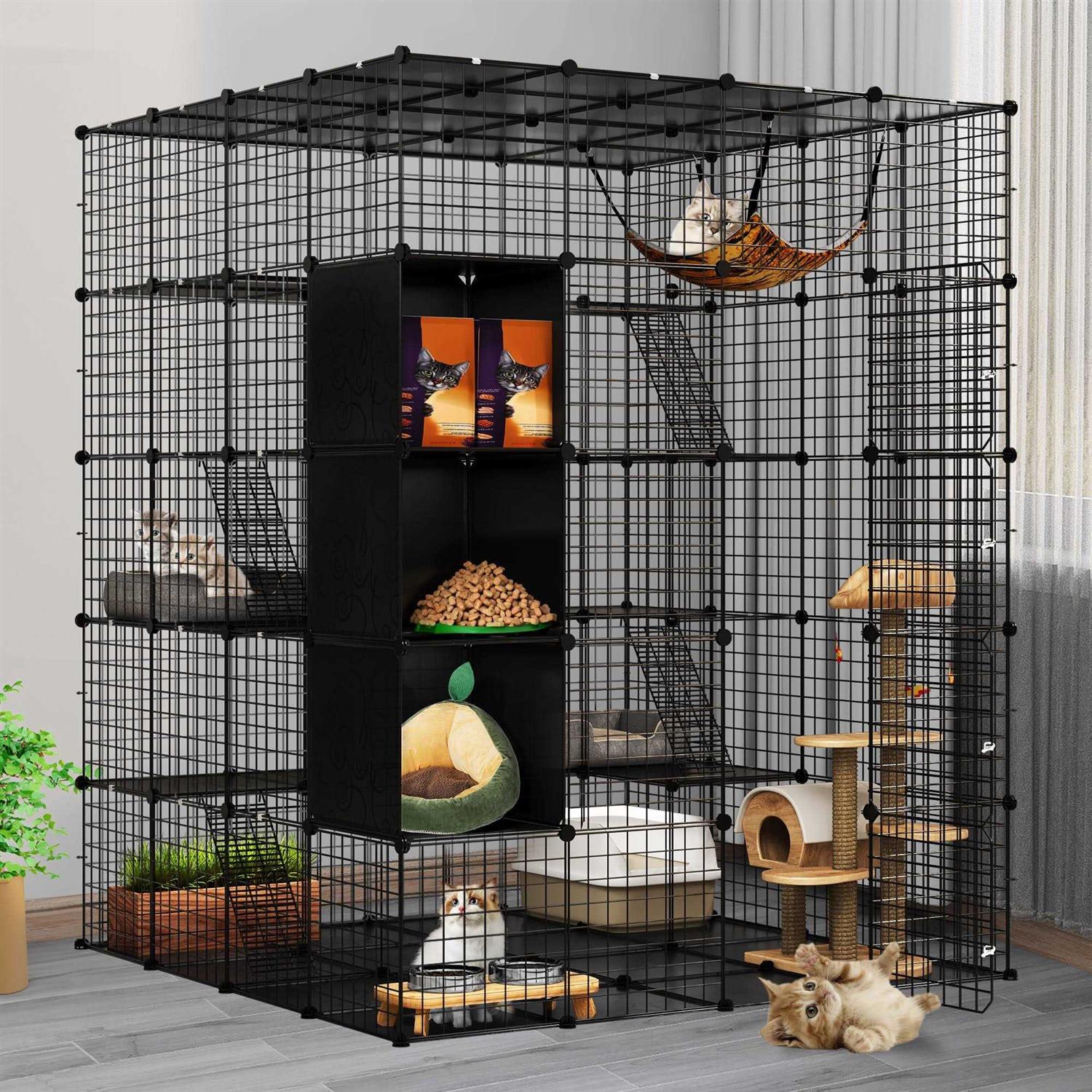 Dextrus Large Cat Cage 5-Tier Kennels with Cube Storage DIY Indoor Catio Enclosure Spacious Cat Playpen with Hammock