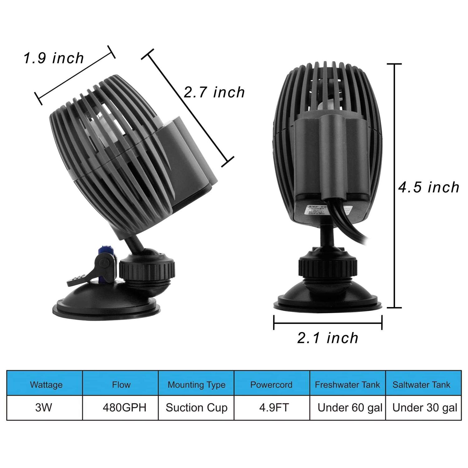 Alternative view of DOMICA Aquarium Wave Maker Powerhead 480GPH 3W, Submersible Power Head Pump with Suction Base, Water Circulation for Freshwater or Saltwater Fish