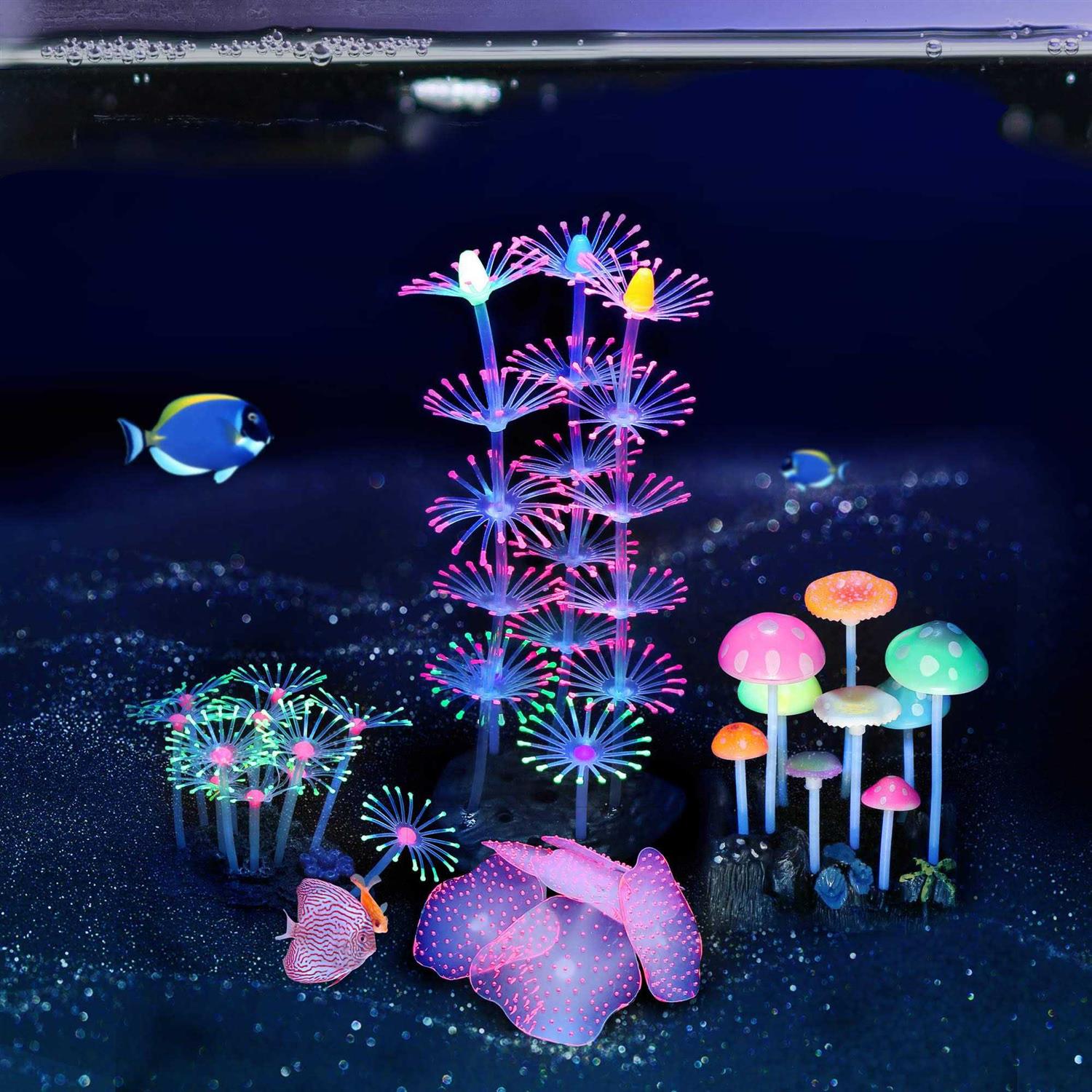 Alternative view of Lpraer 4 Pack Glow Aquarium Decorations Coral Reef Glowing Mushroom Anemone Simulation Glow Plant Glowing Effect Silicone for Fish Tank Decorations
