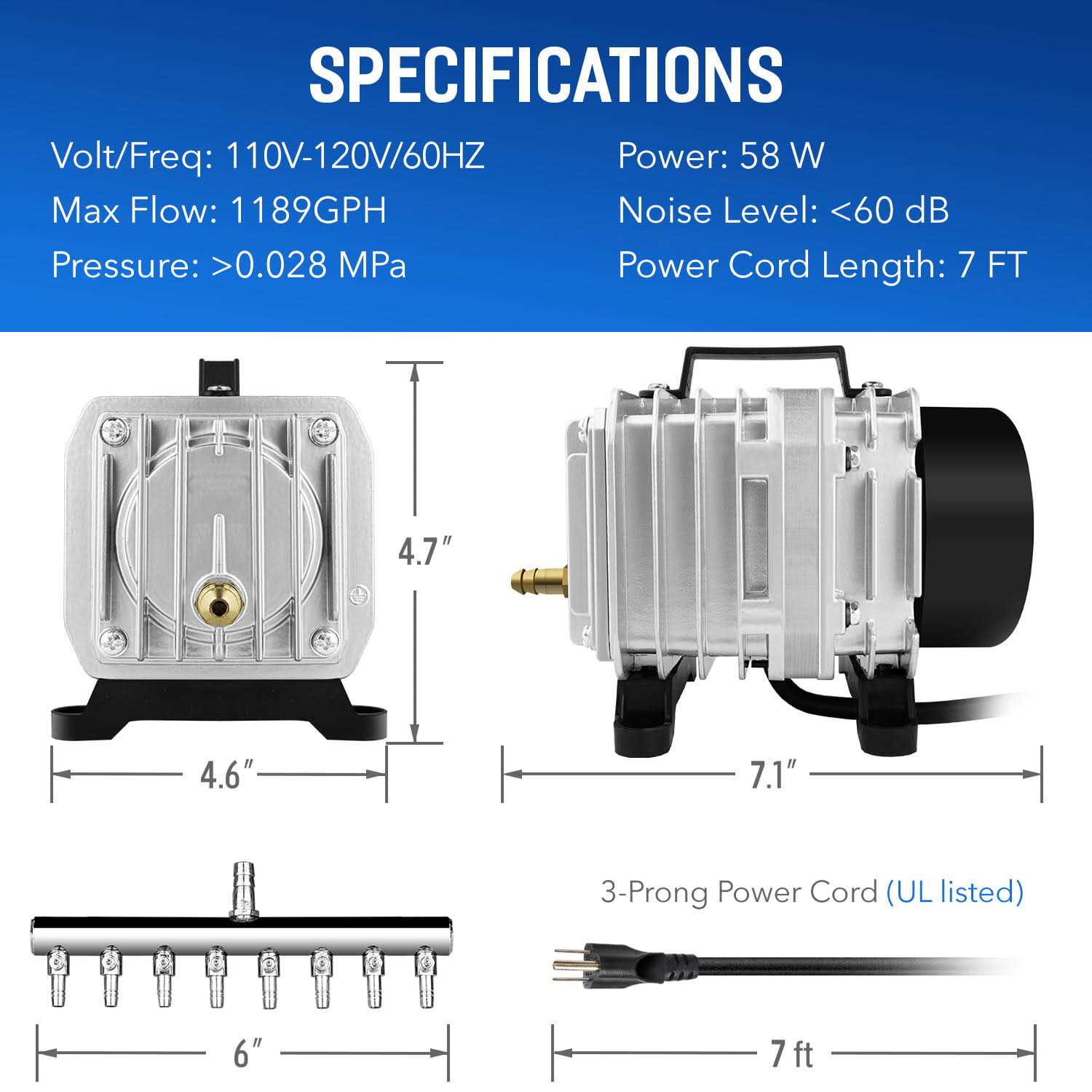 Alternative view of Simple Deluxe Commercial Air Pump LGPUMPAIR75 1189 GPH 58W 75L/min 8 Outlets with Airline Tubing 25 Feet for Aquarium