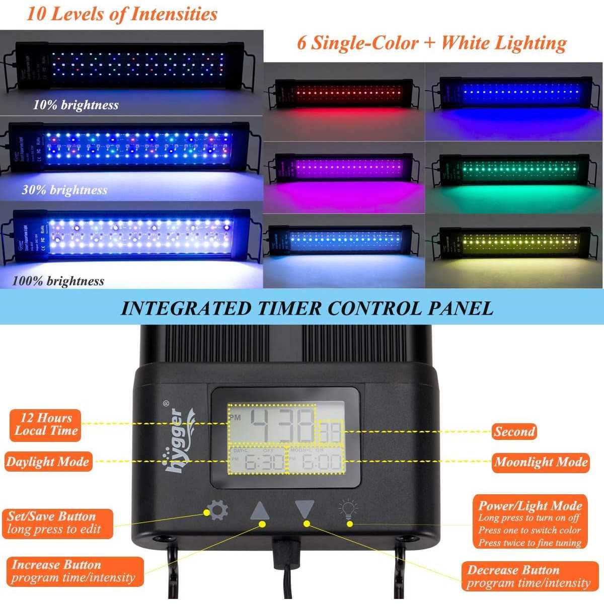 Alternative view of Hygger Auto On Off LED Aquarium Light Extendable 7 Colors Full Spectrum Light Fixture for Freshwater Planted Tank Build