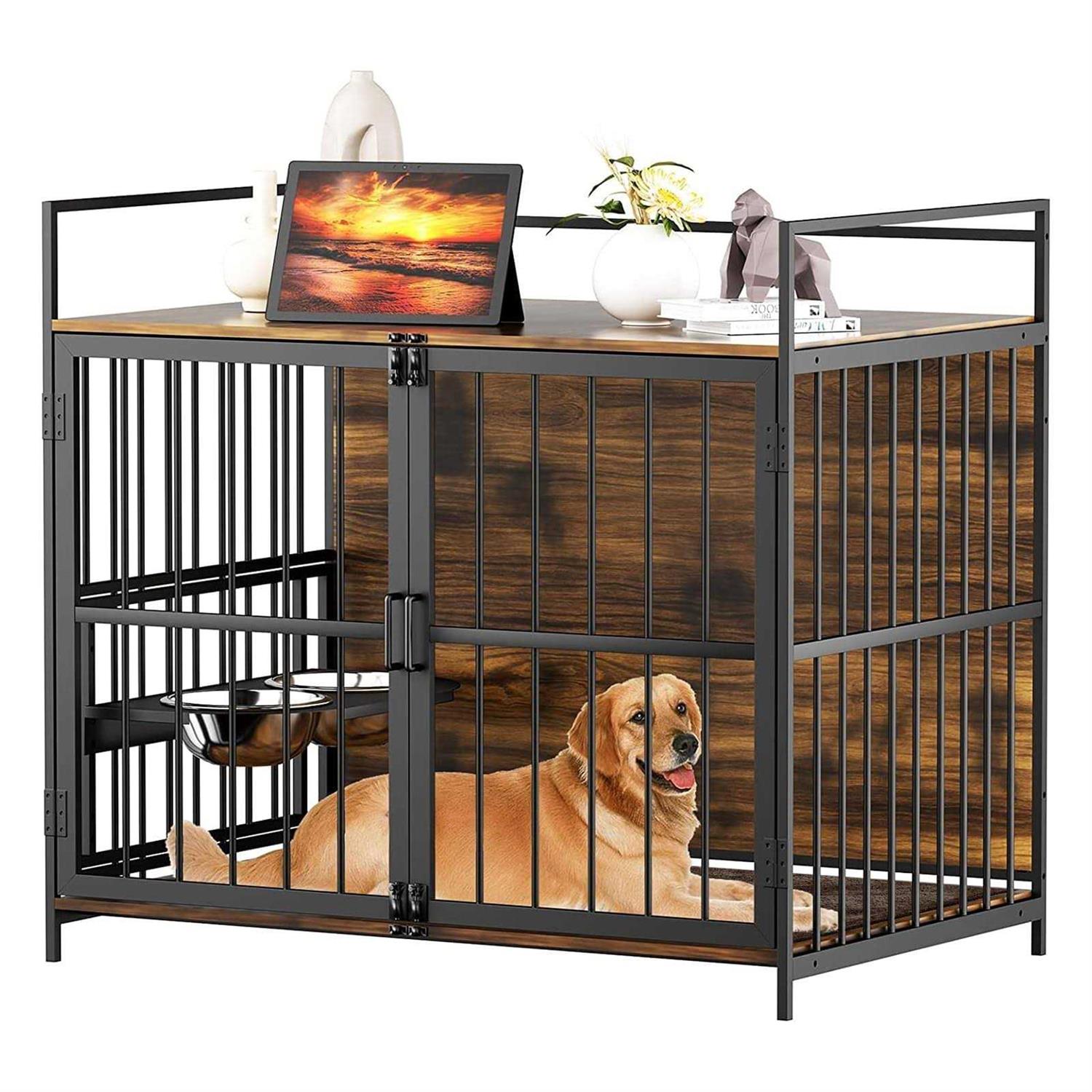 ROOMTEC Furniture Style Large Dog Crate with 360° & Adjustable Raised Feeder for Dogs 2 Stainless Steel Bowls -End Table House Pad
