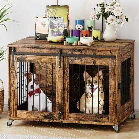 Cuoote Dog Crate Furniture, 39'' Movable Dog Crate with Wheels, Sliding Door, Indoor Dog Cage with Side Door and Detachable Partition