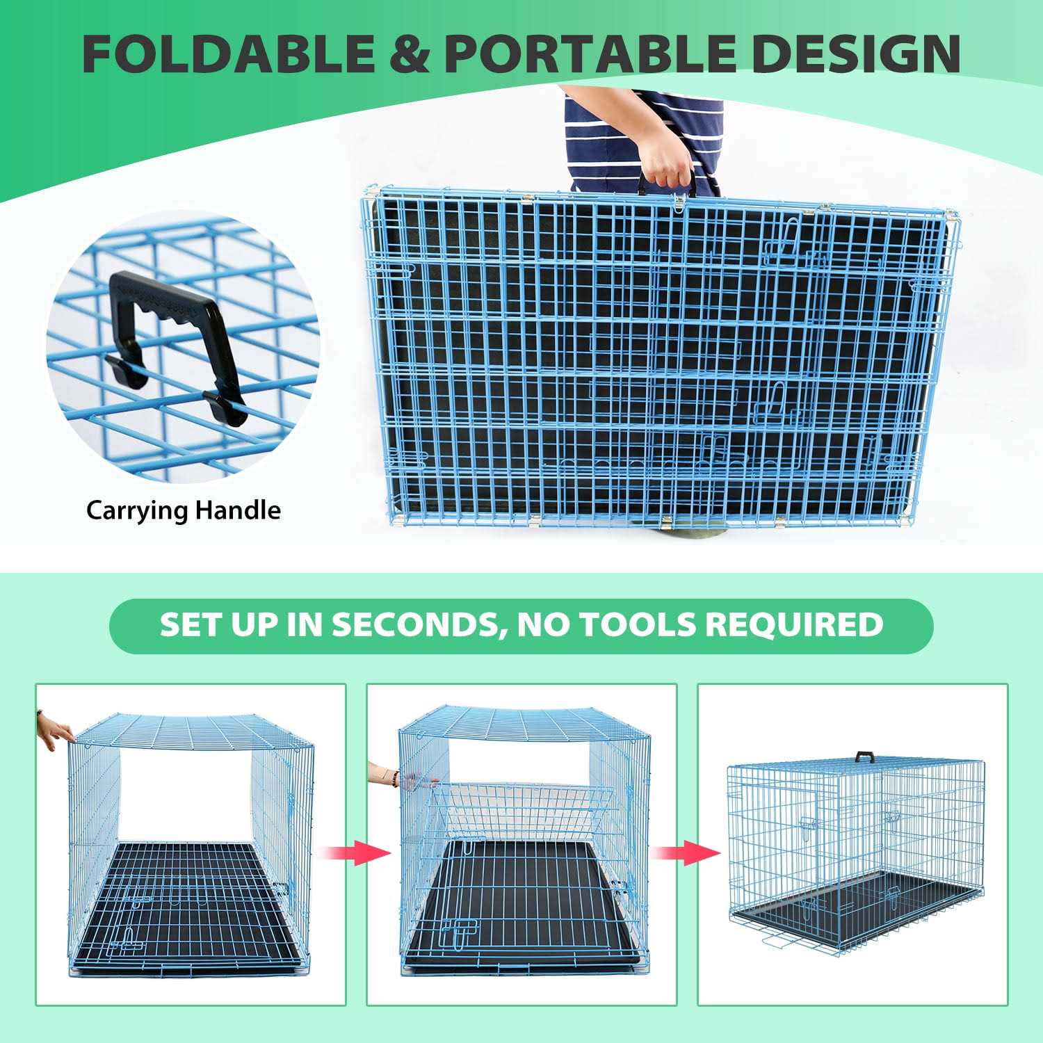 Alternative view of Yrllensdan Foldable Large Dog Crate for Large Dogs, Metal Wire Dog Cage with Plastic Tray and Handle Double-Door Outdoor Dog Crates and