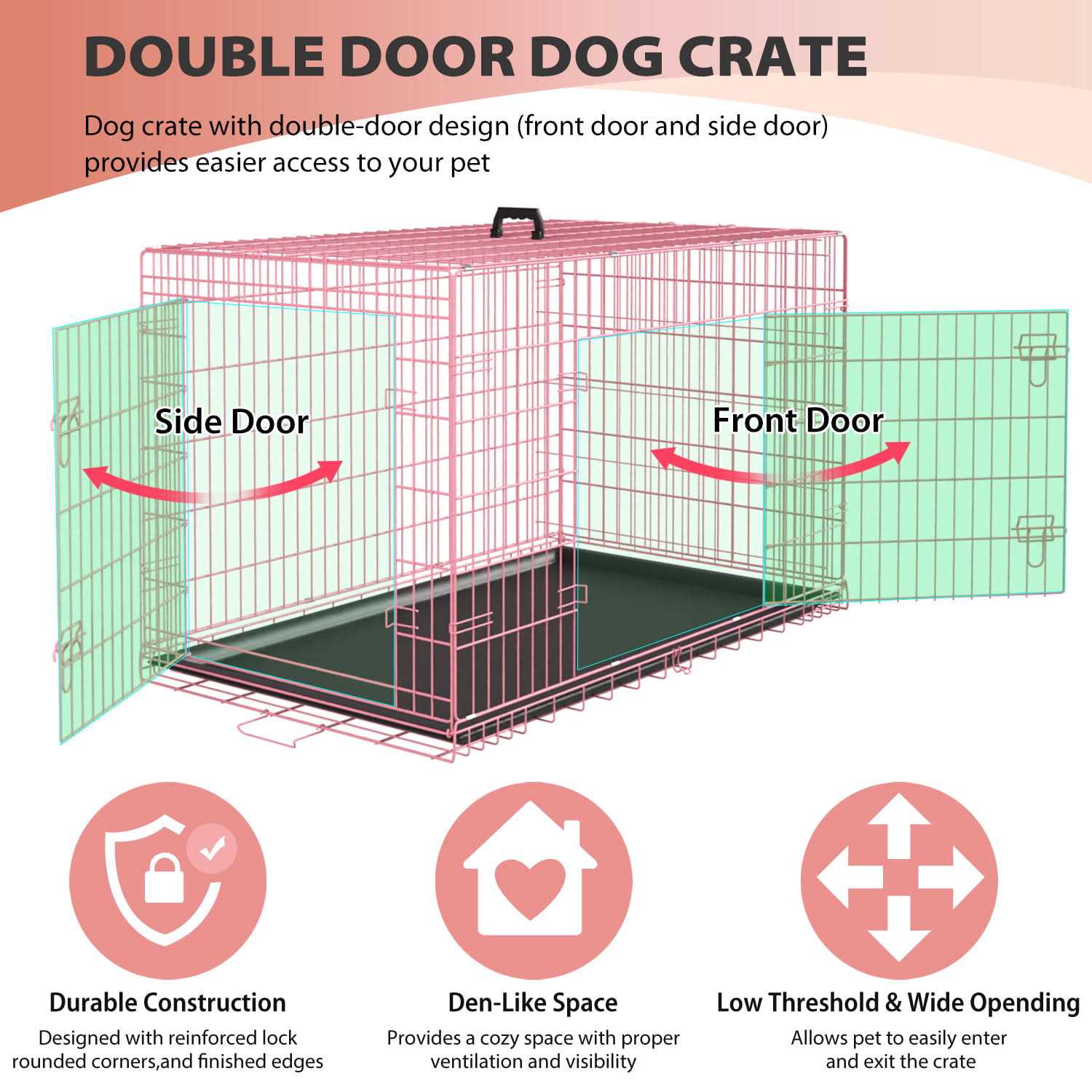 Alternative view of Yrllensdan Foldable Large Dog Crate for Large Dogs, Metal Wire Dog Cage with Plastic Tray and Handle Double-Door Outdoor Dog Crates and