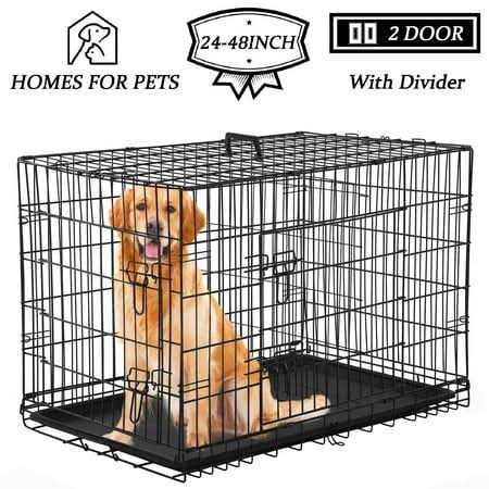 Yrllensdan Foldable Large Dog Crate for Large Dogs, Metal Wire Dog Cage with Plastic Tray and Handle Double-Door Outdoor Dog Crates and