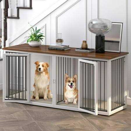 Large Dog Crate Furniture for 2 Dogs Linor Wooden Dog Crate Table with Double Doors