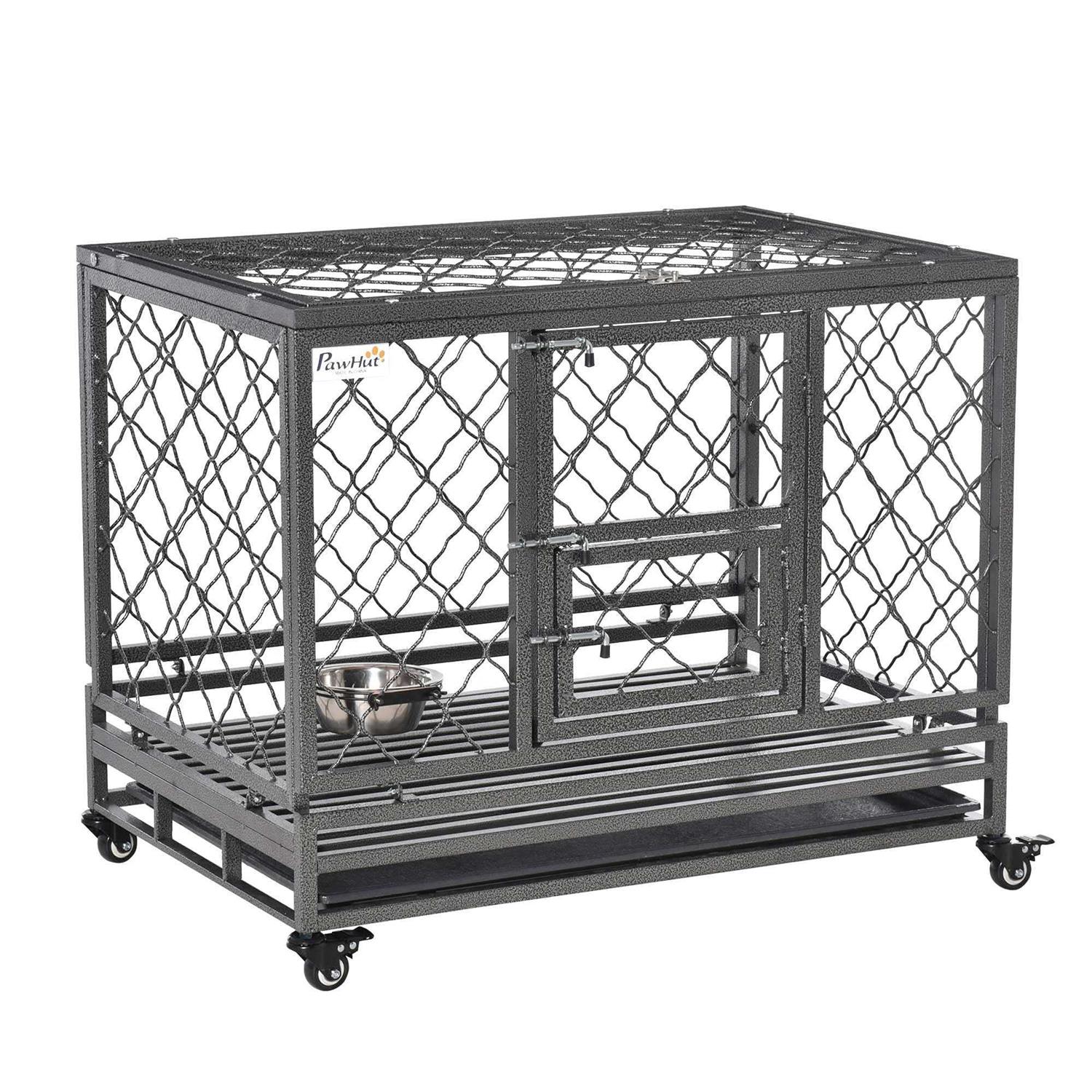 Pawhut Heavy Duty Dog Crate Metal Kennel and Cage Dog Playpen with Lockable Wheels, Slide-out Tray, Food Bowl and Double Doors