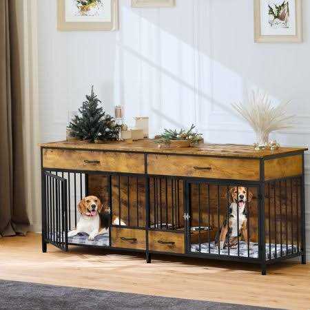 Dextrus Dog Crate Furniture Large Breed with Dog Feeder 74.8 inch inch Wooden Dog Kennel Furniture Indoor Heavy Duty Dog Crate with Drawers
