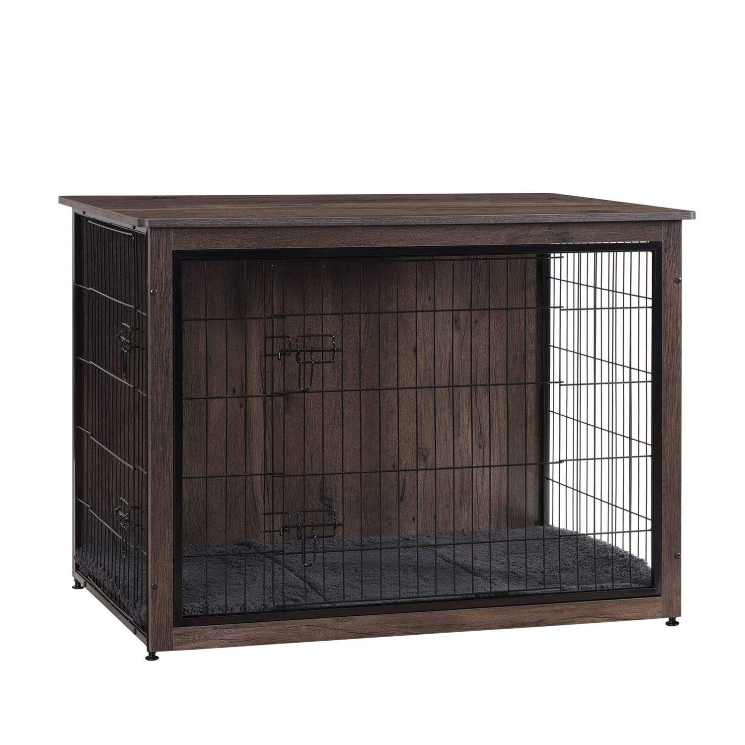 DWANTON Dog Crate Furniture with Cushion Wooden Dog Crate with Double Doors