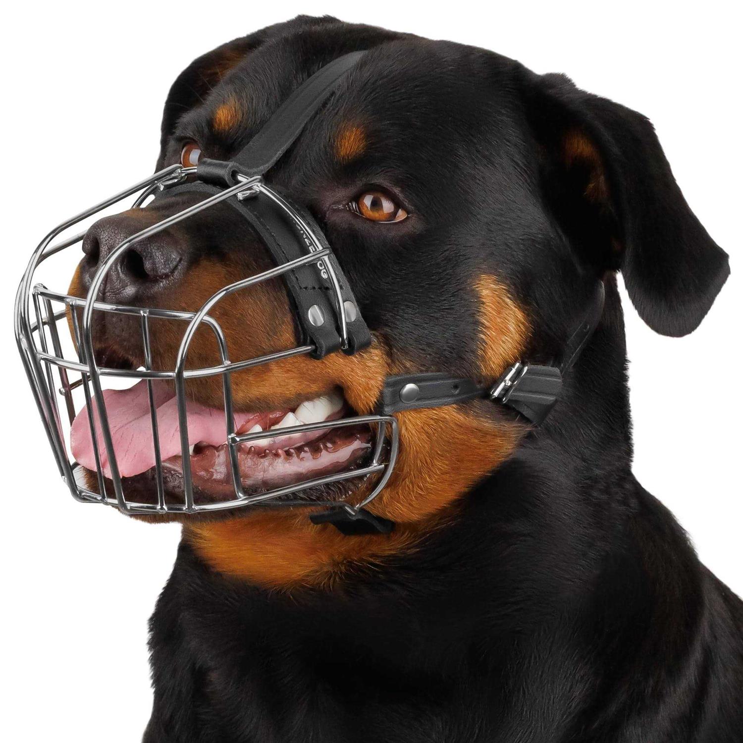 BRONZEDOG Dog Muzzle Wire Basket Rottweiler Adjustable Leather Straps