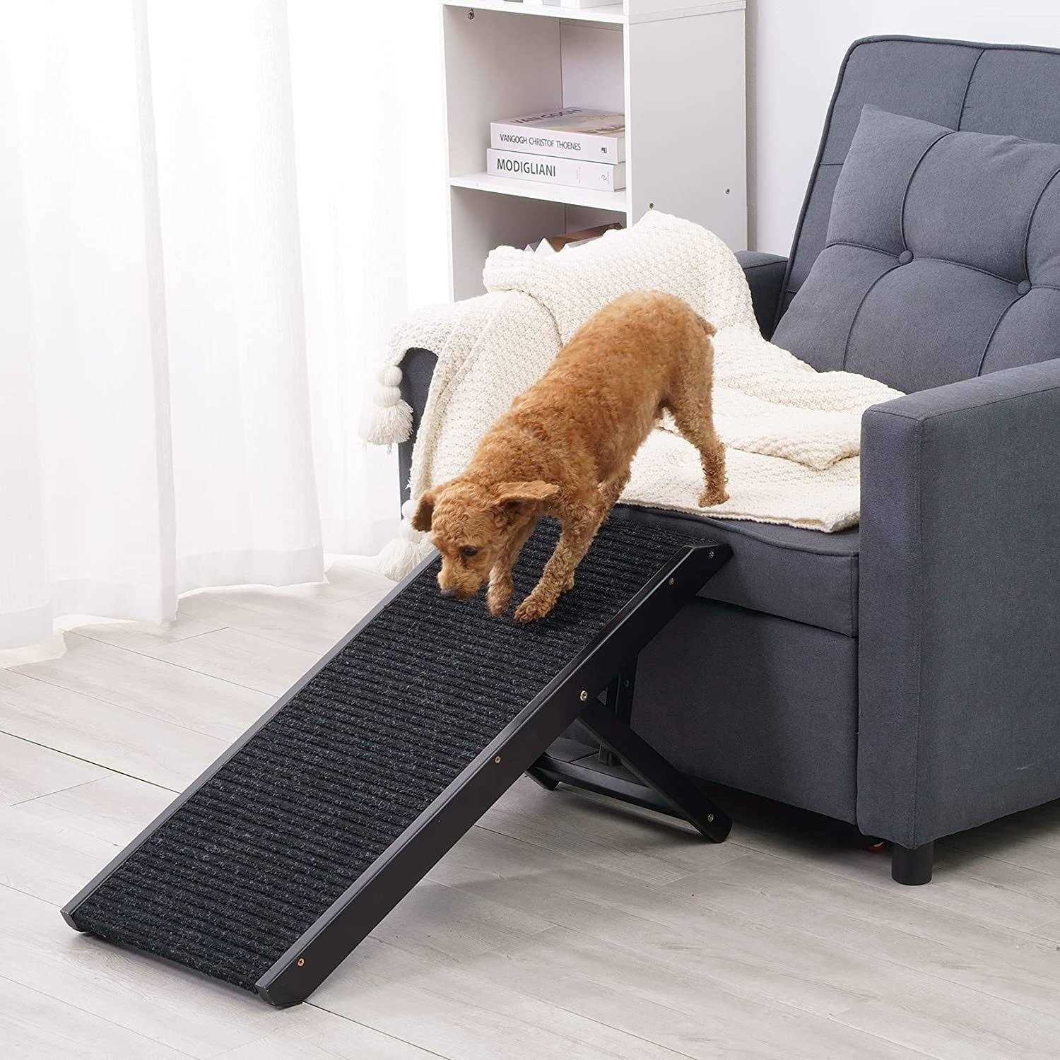 Sweetbin 18 Tall Adjustable Pet Ramp Small Dog Use Only Wooden Folding Portable Dog & Cat Ramp Perfect for Couch or Bed with Non Slip Carpet