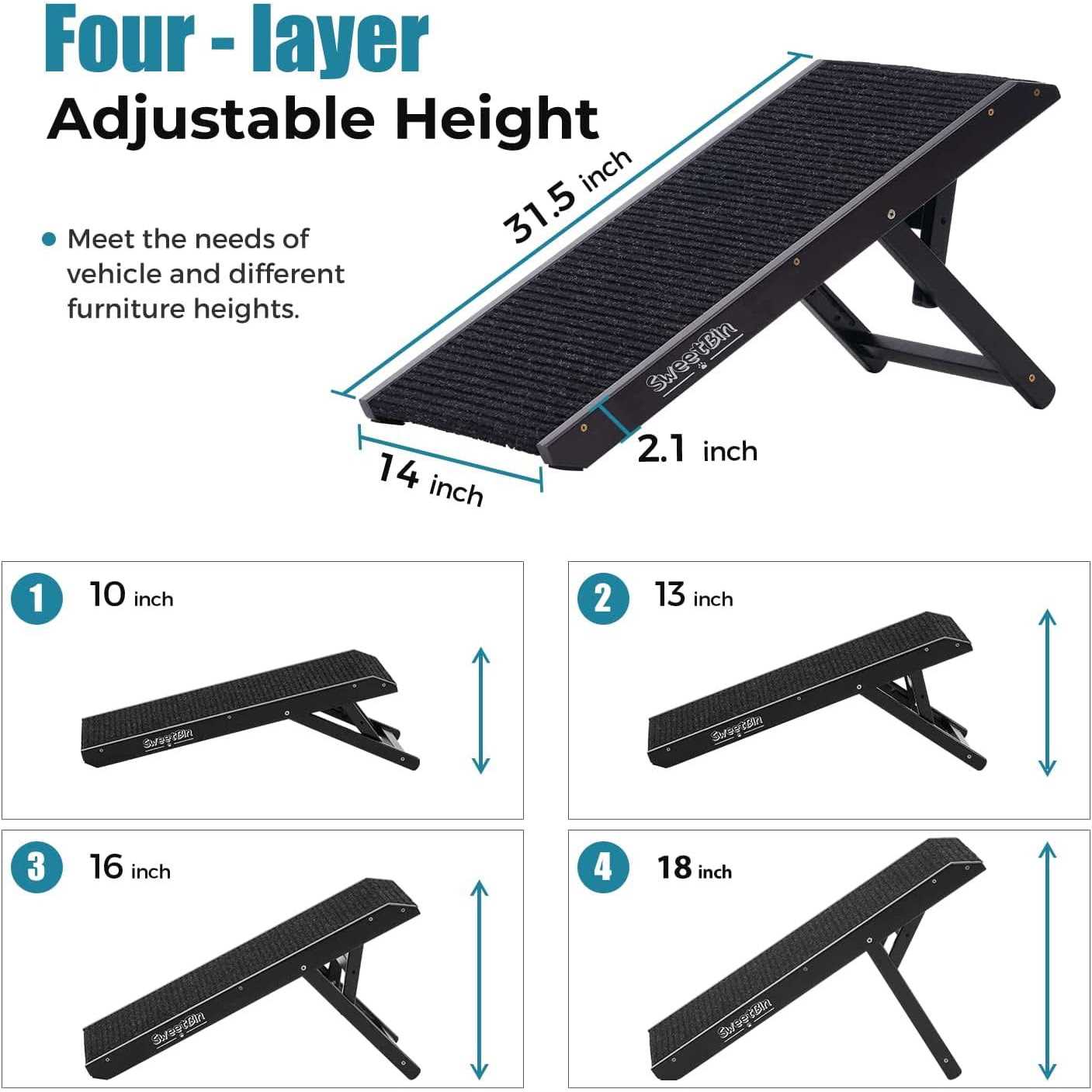 Alternative view of Sweetbin 18 Tall Adjustable Pet Ramp Small Dog Use Only Wooden Folding Portable Dog & Cat Ramp Perfect for Couch or Bed with Non Slip Carpet