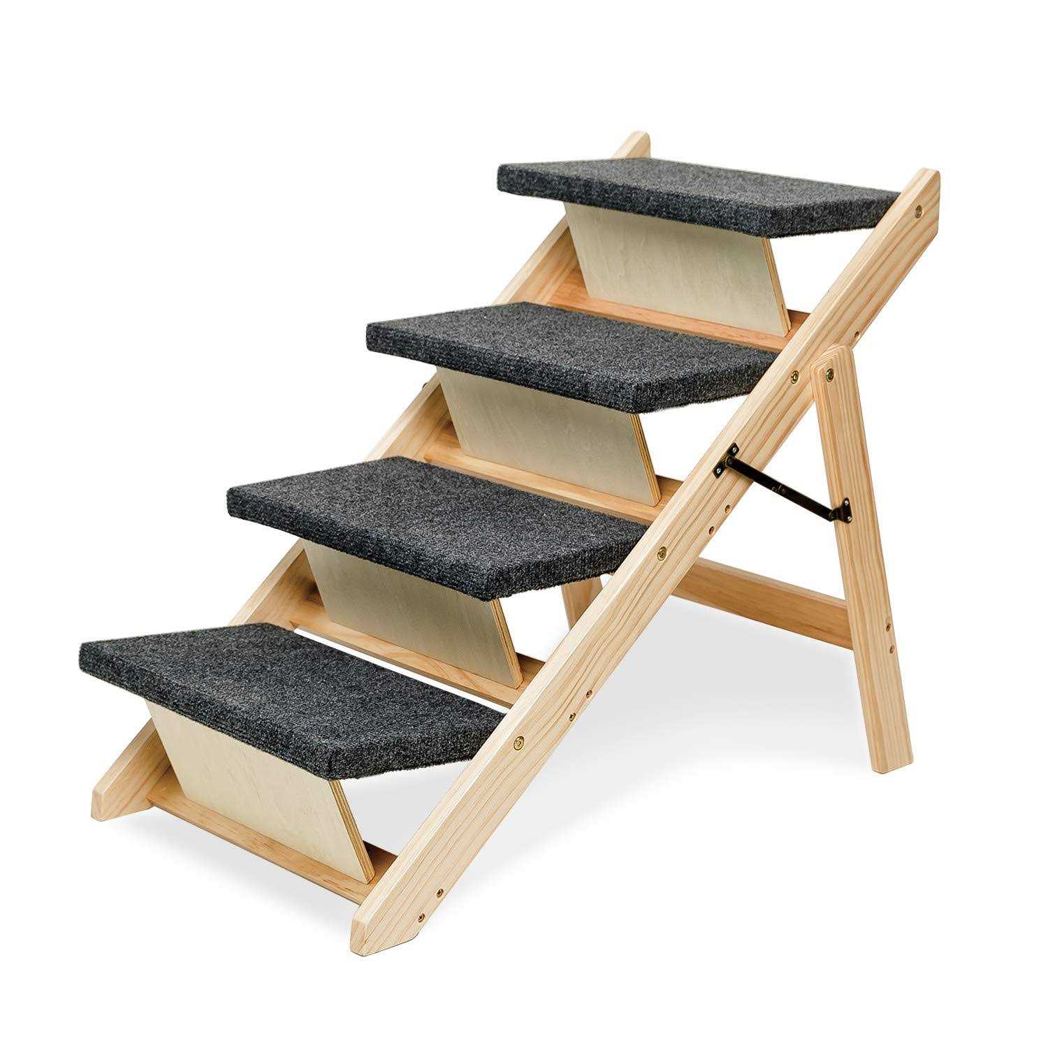 Mewang Wooden Dog Stairs/Steps Foldable 4 Levels Pet Stairs & Ramp Perfect for Beds and Cars