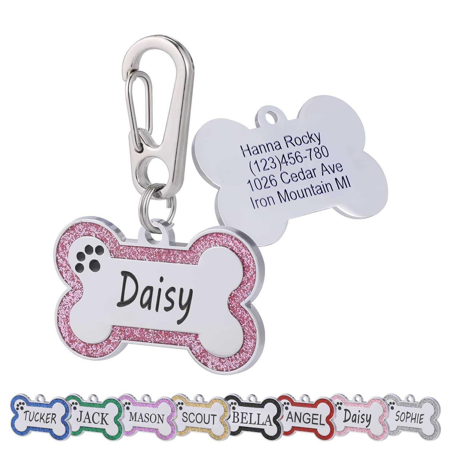 Aimeng Personalized Stainless Steel Pet ID Tags with Glittery Bone Design