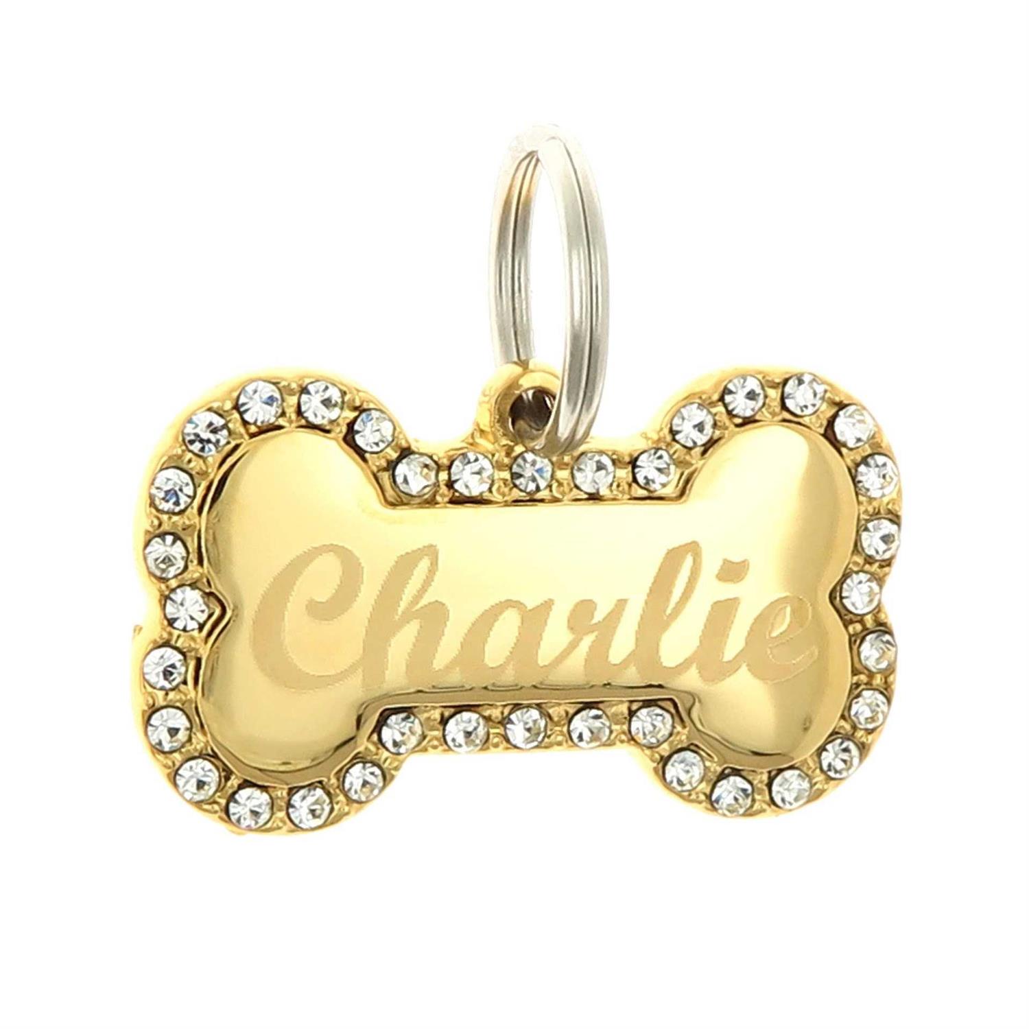 Custom Engraved Personalized Gold-Plated Bone Shape w/ Clear Rhinestones Dog Pet ID Jewelry Bling Tag