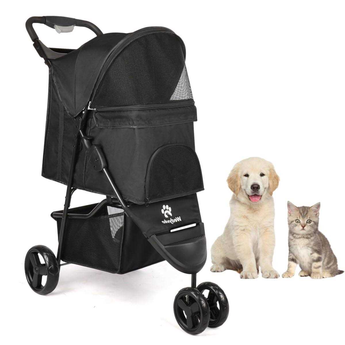 Timati Dog Stroller 3 Wheels Pet Stroller Foldable Dog Cat Carrier Strolling with Brake, Canopy, Cup Holders and Bottom Storage Space