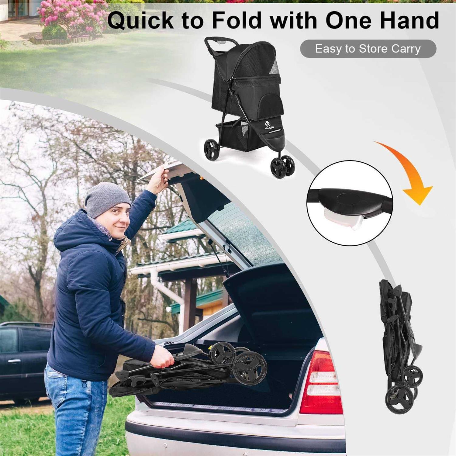 Alternative view of Timati Dog Stroller 3 Wheels Pet Stroller Foldable Dog Cat Carrier Strolling with Brake, Canopy, Cup Holders and Bottom Storage Space