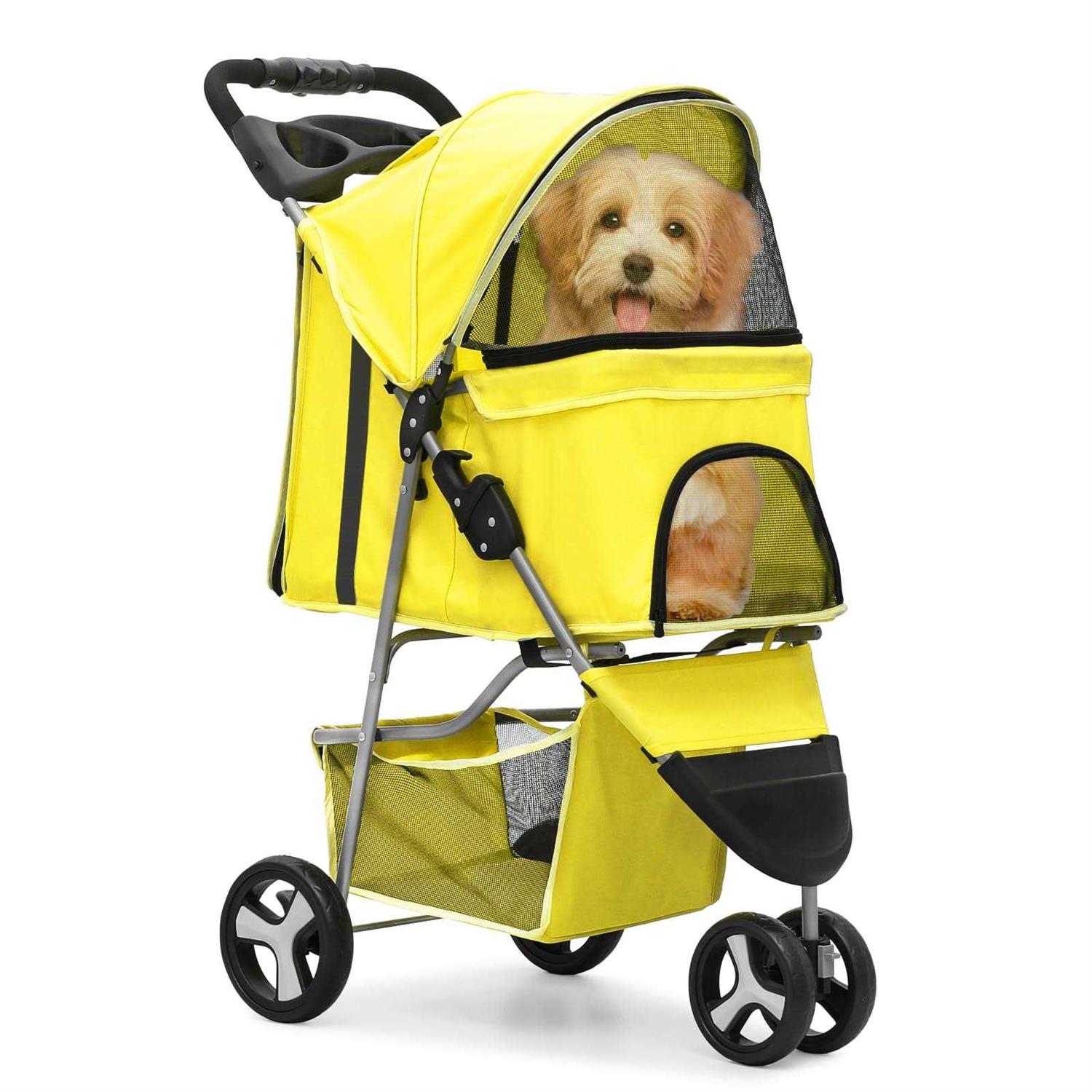 MoNiBloom Foldable Pet Stroller with Weather Cover, 3 Wheels Pet Small Dogs and Cats with Storage Basket and Cup Holder