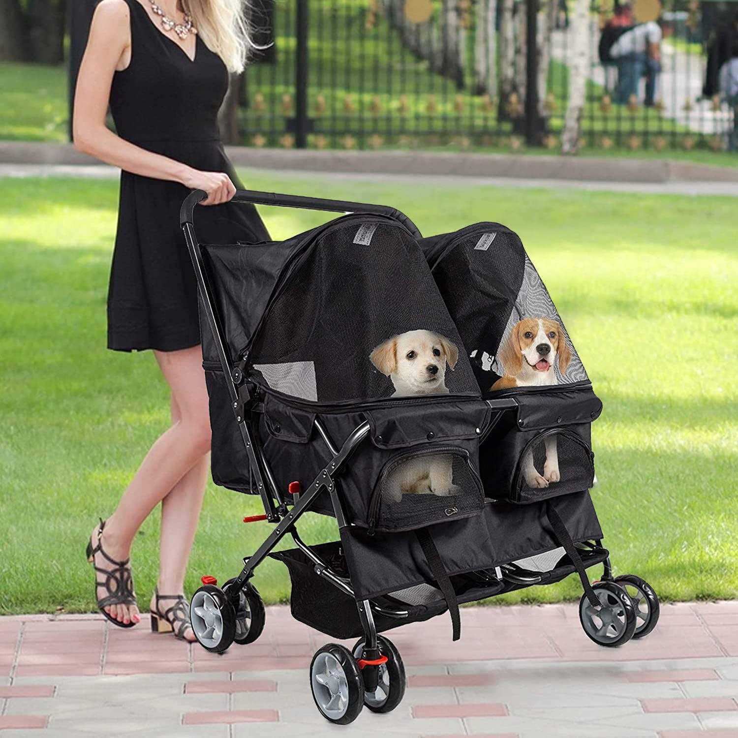 Alternative view of Dporticus Double Pet Stroller Foldable Stroller for 2 Dogs Cats Two-Seater Carrier Strolling Cart for Dog Cat and More Multiple Colors