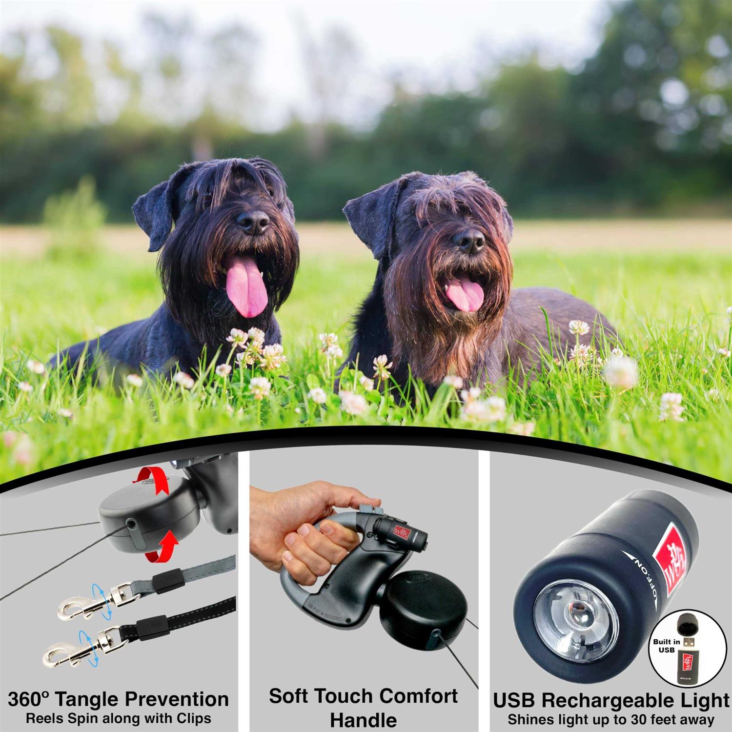 Alternative view of Wigzi Dual Doggie Retractable Leash with Light No Tangle 360 Coupler