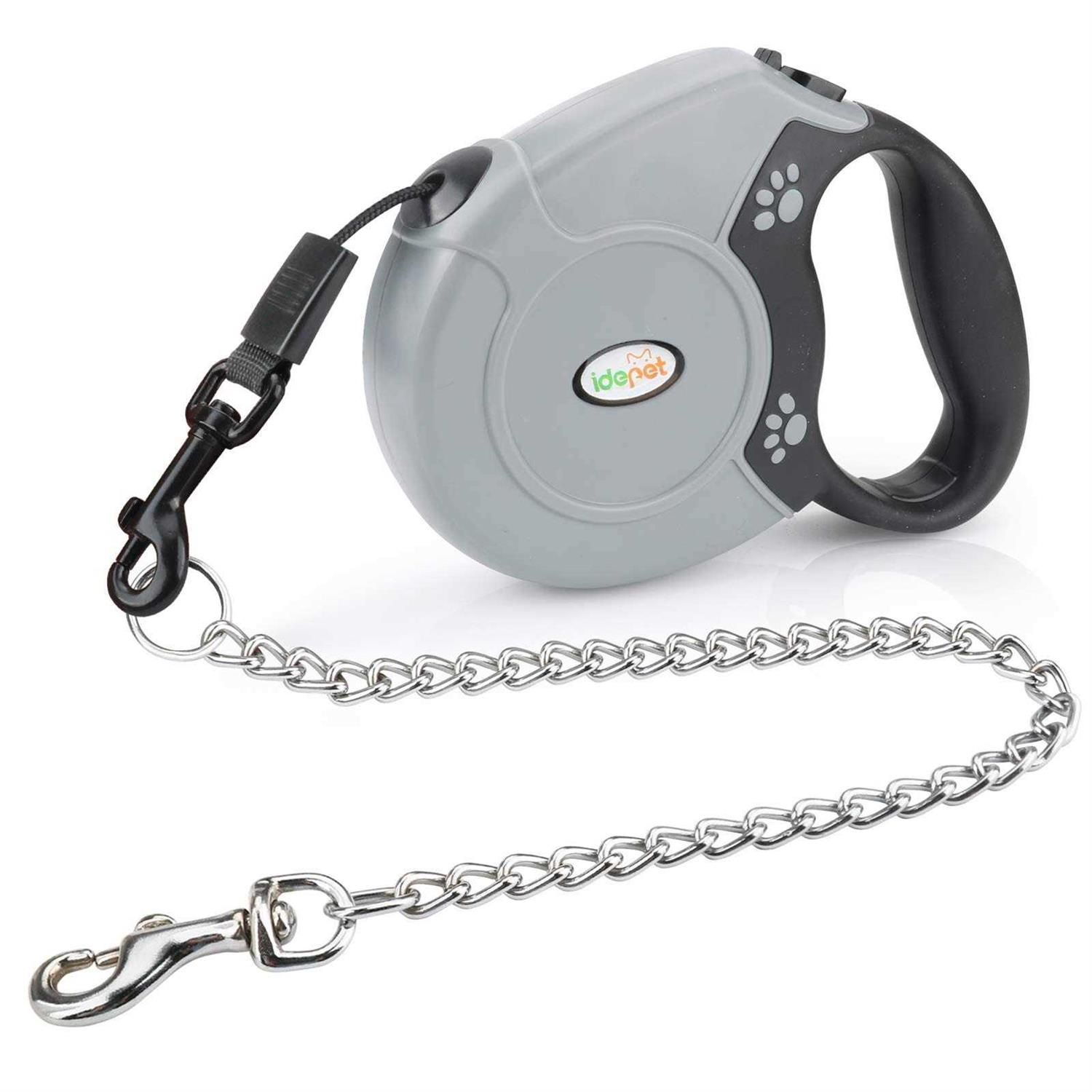 Idepet Heavy Duty Retractable Dog Leash for Small and Medium Dogs, Anti-Chewing Steel Chain 360 Degree Tangle-Free,Break and Lock System,16ft Leash