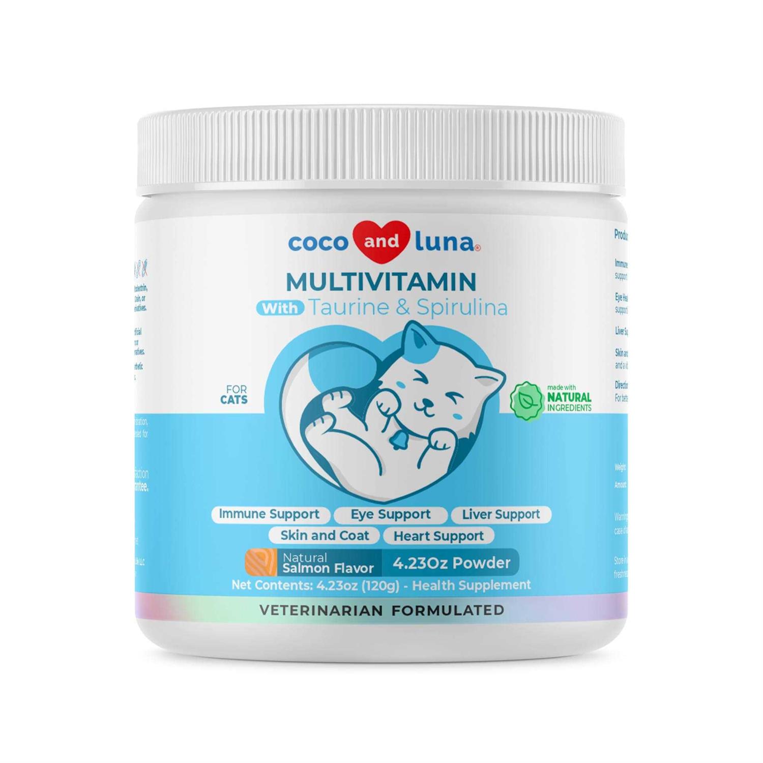 Coco and Luna 10 in 1 Multivitamin for Cats 4oz Powder L-Lysine, Taurine, and Spirulina for Immune Support and Eye Health