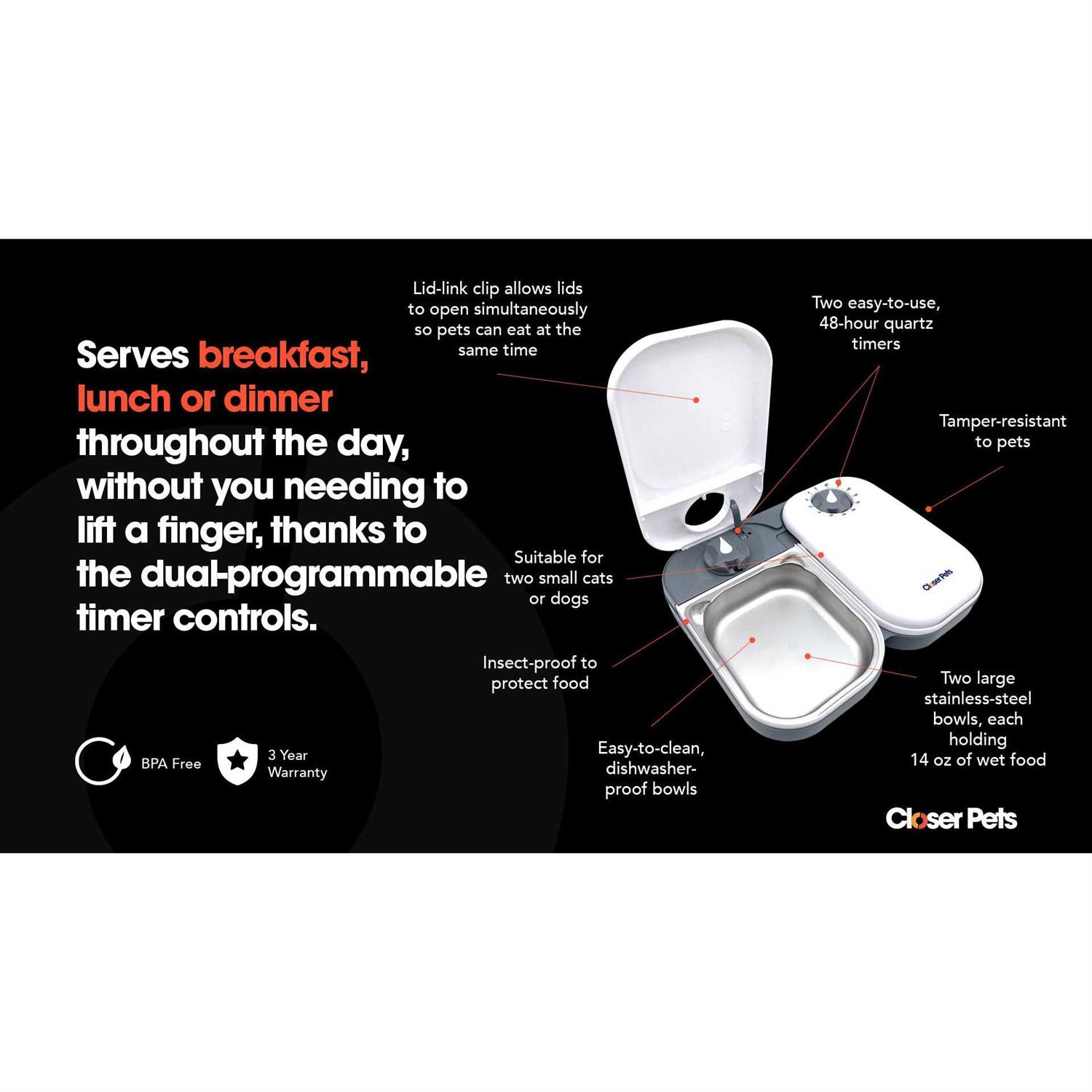Alternative view of Closer Pets Two-Meal Automatic Pet Feeder with Stainless Steel Bowl Inserts