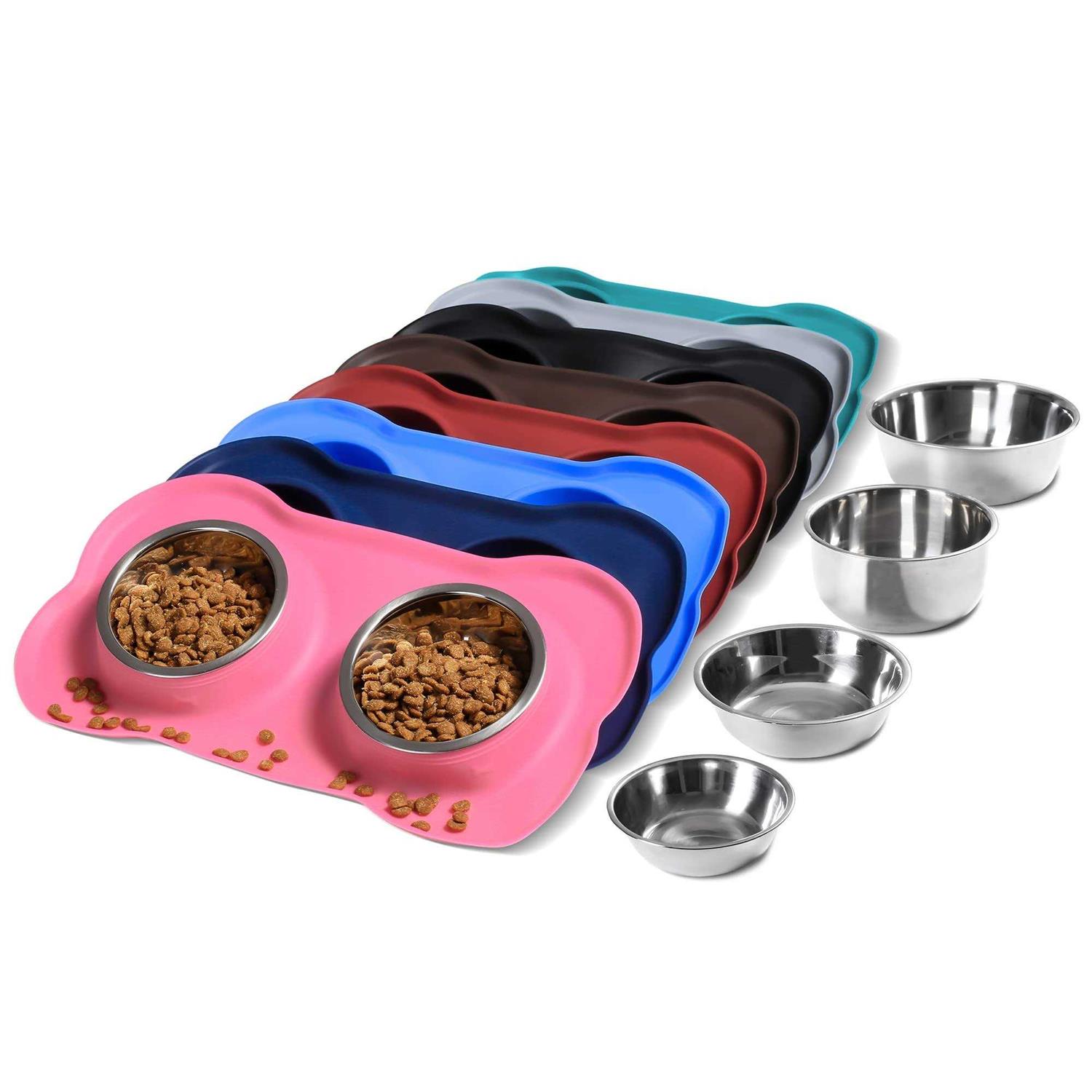 Hubulk Pet Dog Bowls 2 Stainless Steel Dog Bowl with No Spill Non-Skid Silicone Mat + Pet Food Scoop Water and Food Feeder Bowls for Feeding