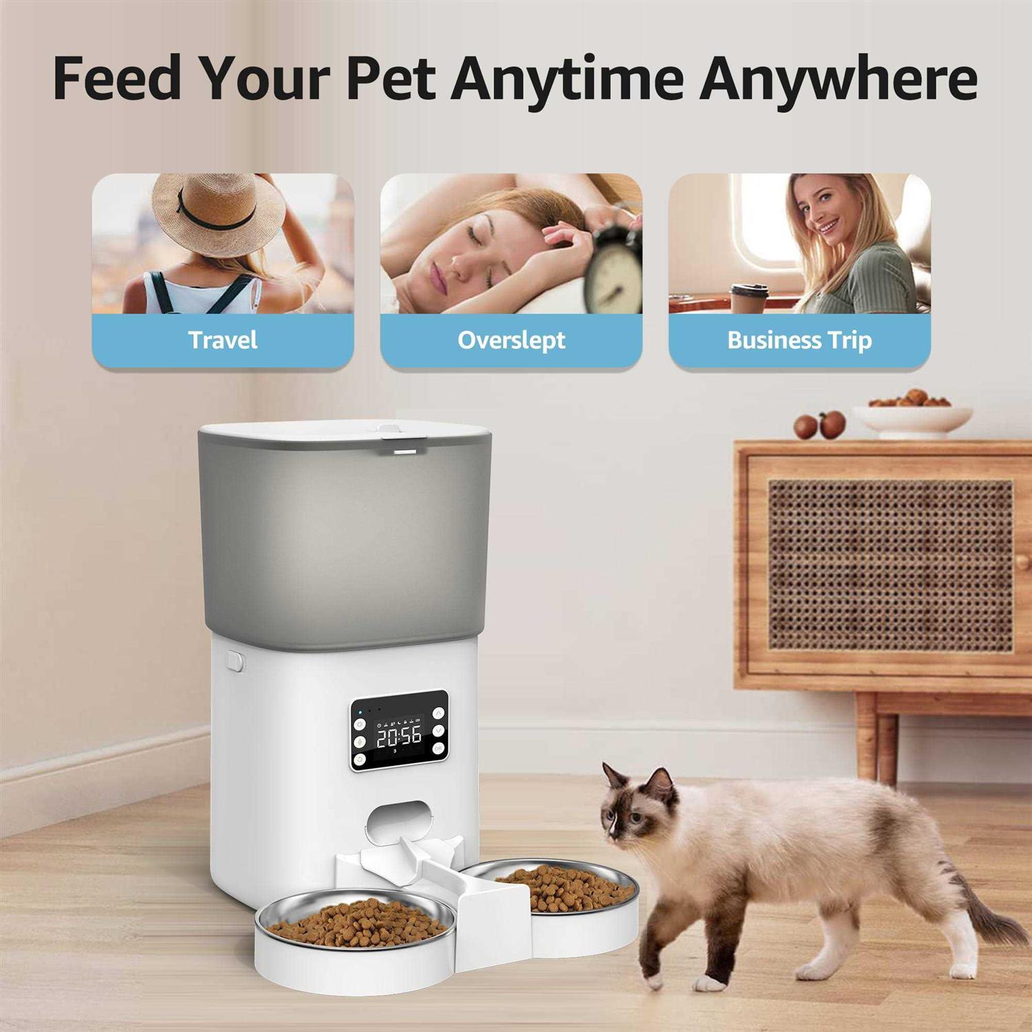 Alternative view of Bueteka Automatic Food Dispenser with Splitter & Stainless Bowls Cat & Dog Feeder