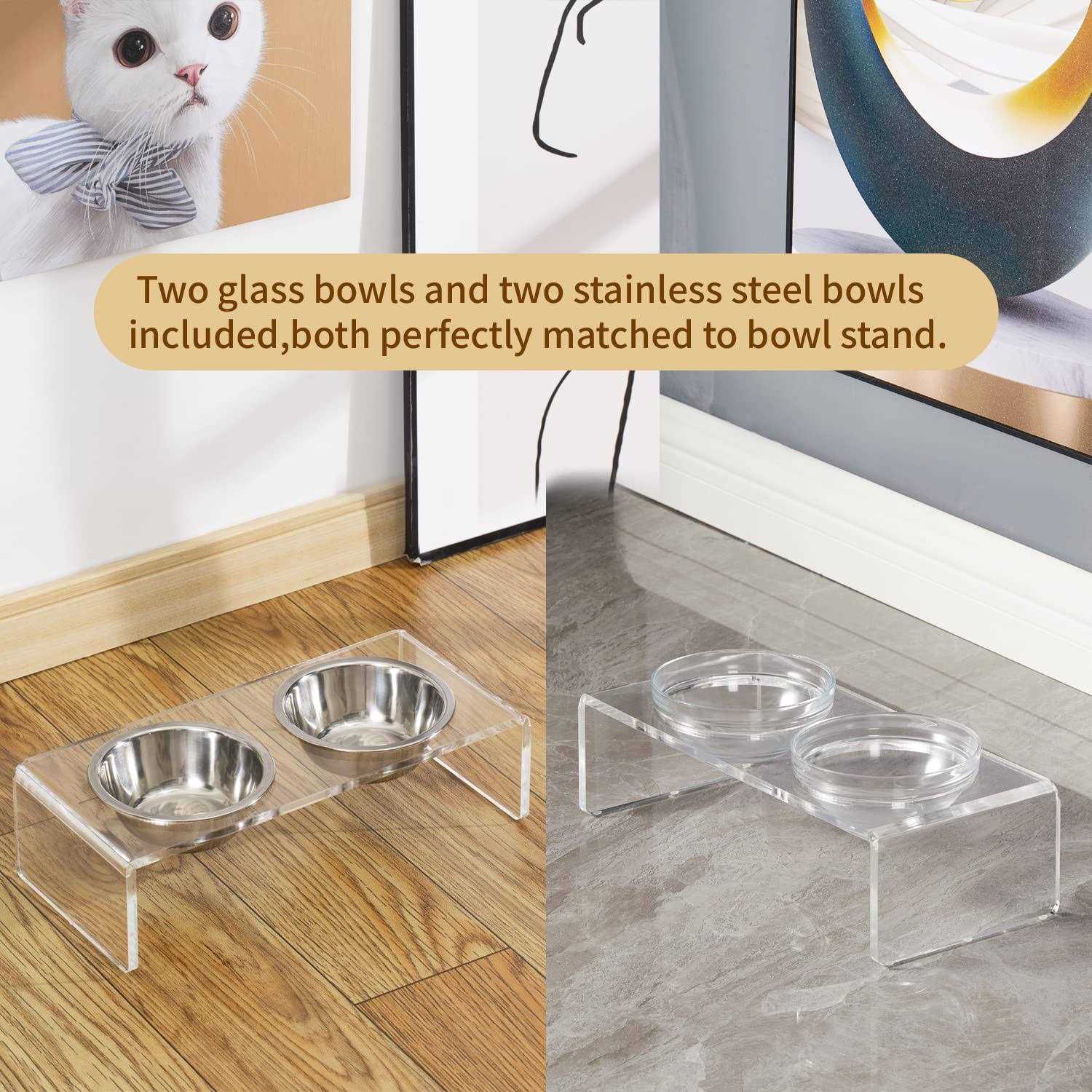 Alternative view of Feoyoho Acrylic Elevated Dog Cat Bowls Pet Feeder Double Bowl Raised Stand Comes with 2 Removable Glass Bowls and 2 Stainless Steel Bowls.Perfect for cats