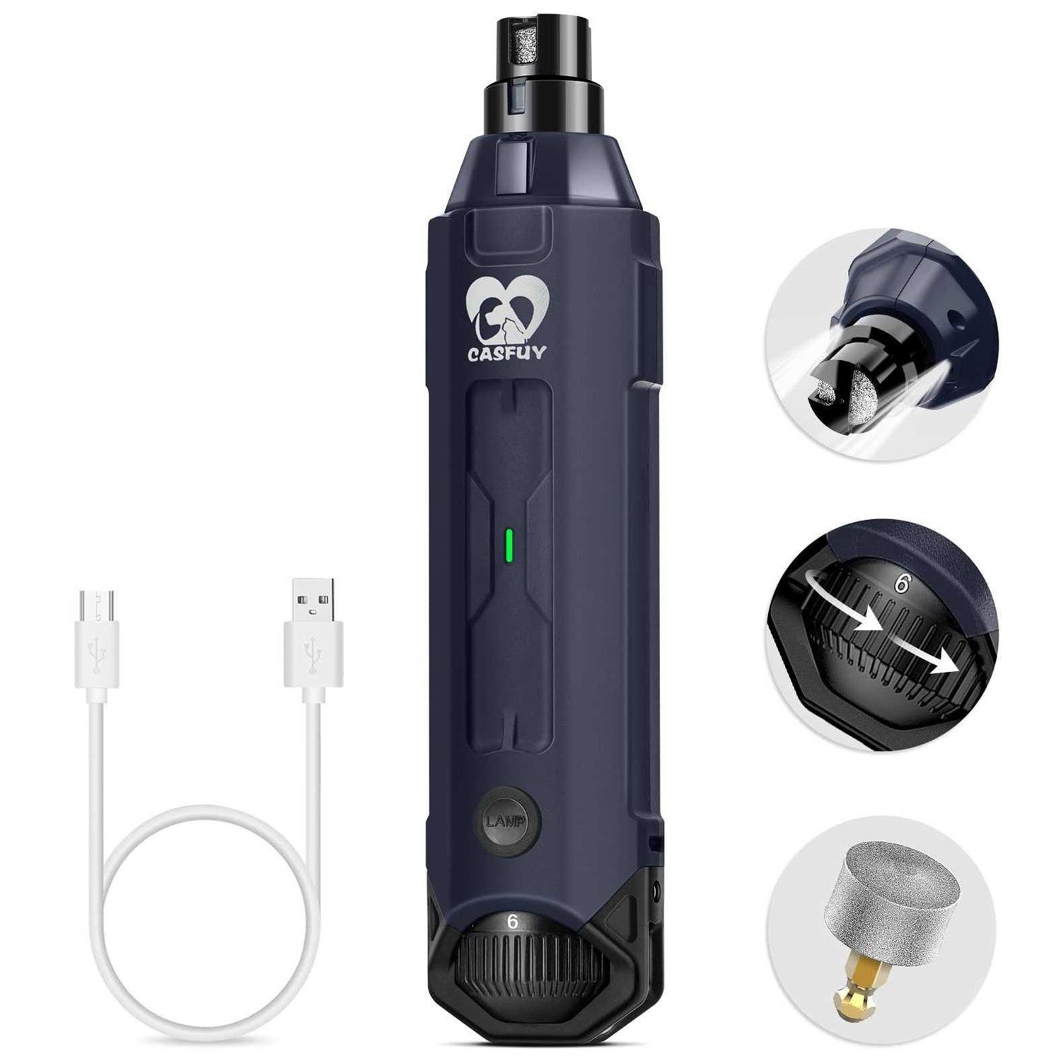 Casfuy 6-Speed Dog Nail Grinder Newest Enhanced Pet Nail Grinder Super Quiet Rechargeable Electric Dog Nail Trimmer Painless Paws Grooming