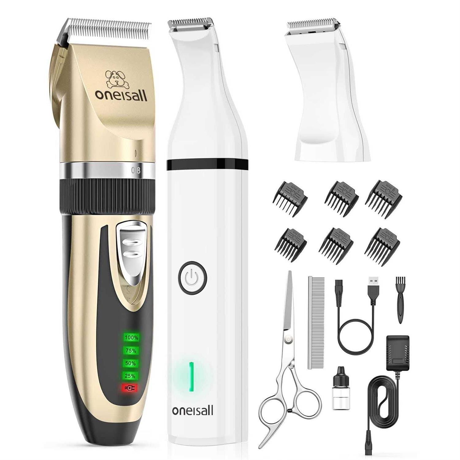 oneisall Dog Clippers and Dog Paw Trimmer Kit 2 in 1 Low Noise Cordless Dog Clippers for Grooming Pet Hair Trimmers for Small and Large Dogs Cats