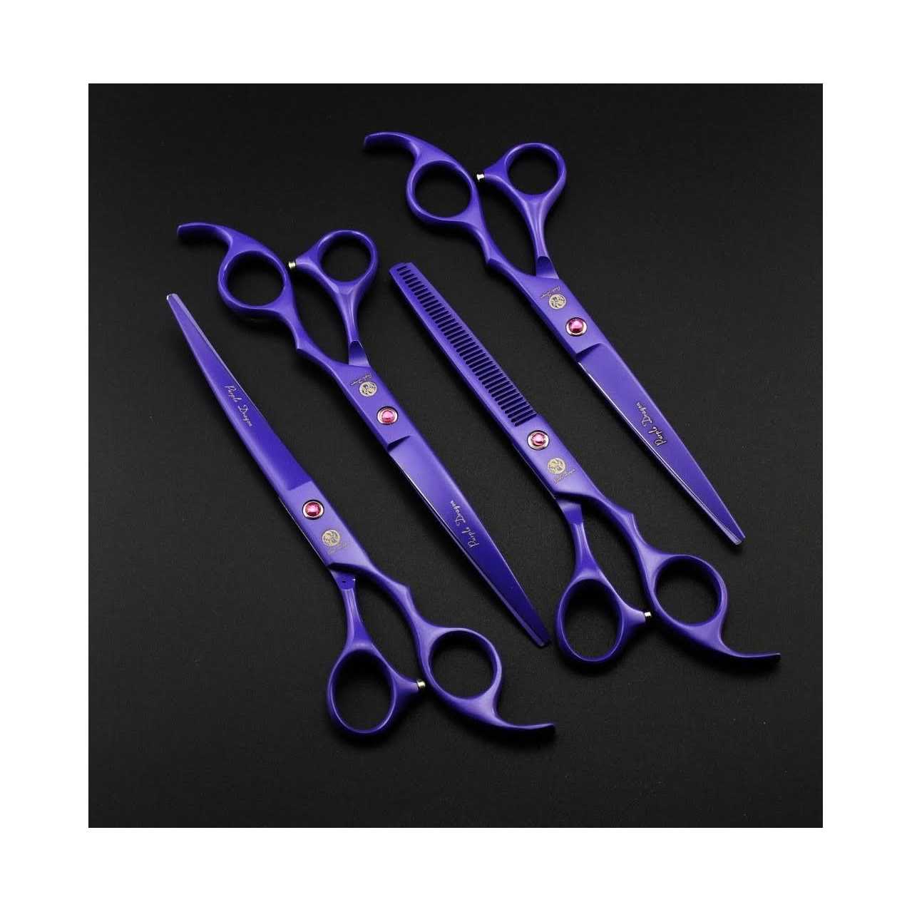 Purple Dragon Professional 7.0 inch 4PCS Pet Grooming Scissors Kit Japan Premium Steel Straight & Curved & Thinning Blade Dog Hair Cutting Shears Set