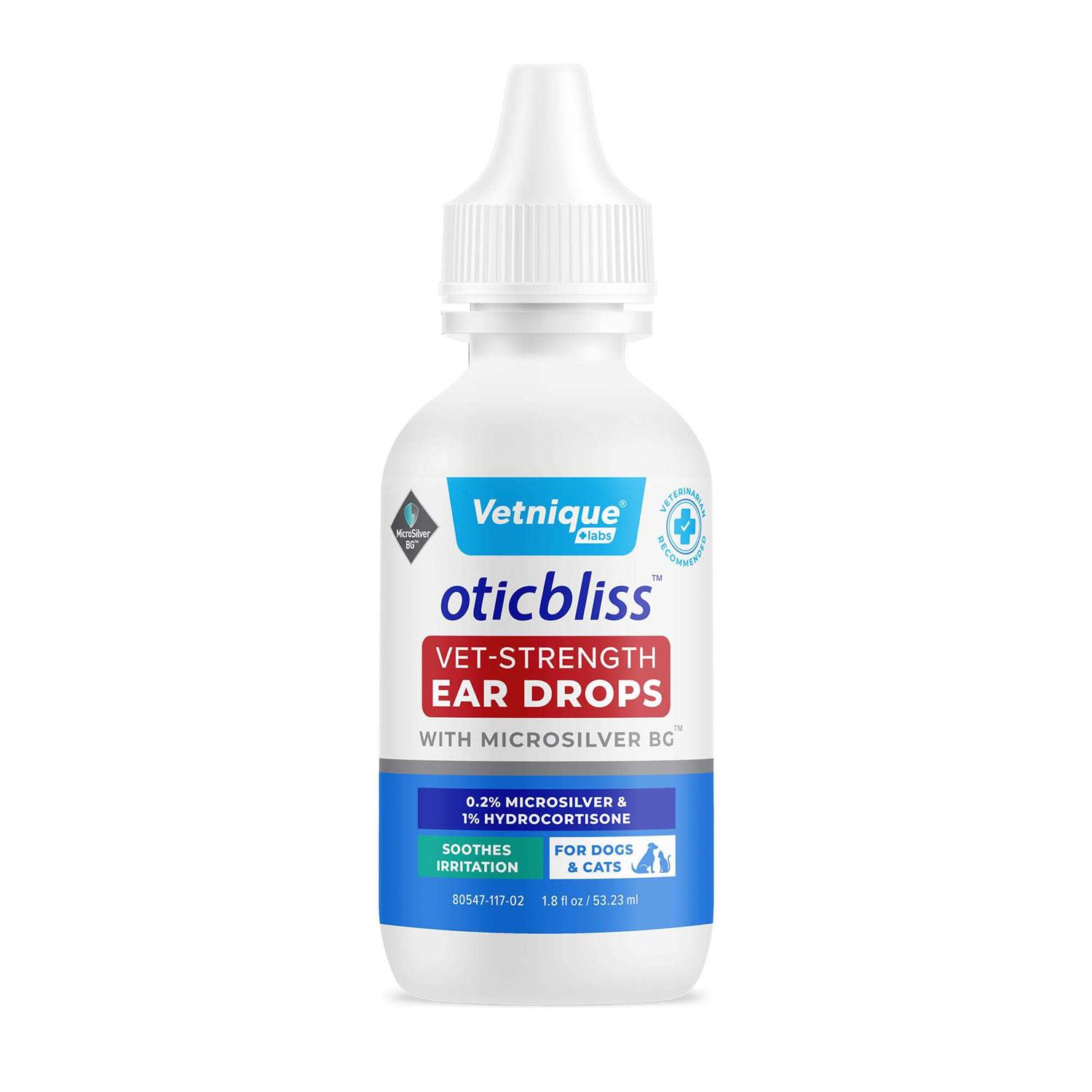Vetnique Labs Oticbliss Vet-Strength Ear Drops for Dogs & Cats with MicroSilver BG & 1% Hydrocortisone Soothing Relief for Irritated Ears Dog Ear