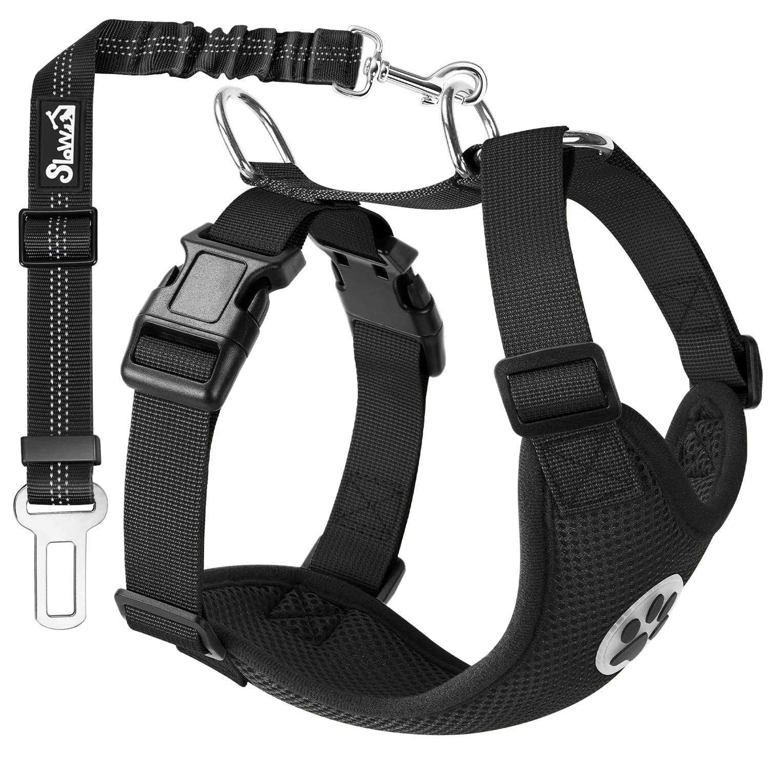 SlowTon Dog Car Harness Seat Belt Set Dog Vest Harness for Car Adjustable Mesh Breathable & Vehicle Safety Seatbelt Tether with Elastic Bungee