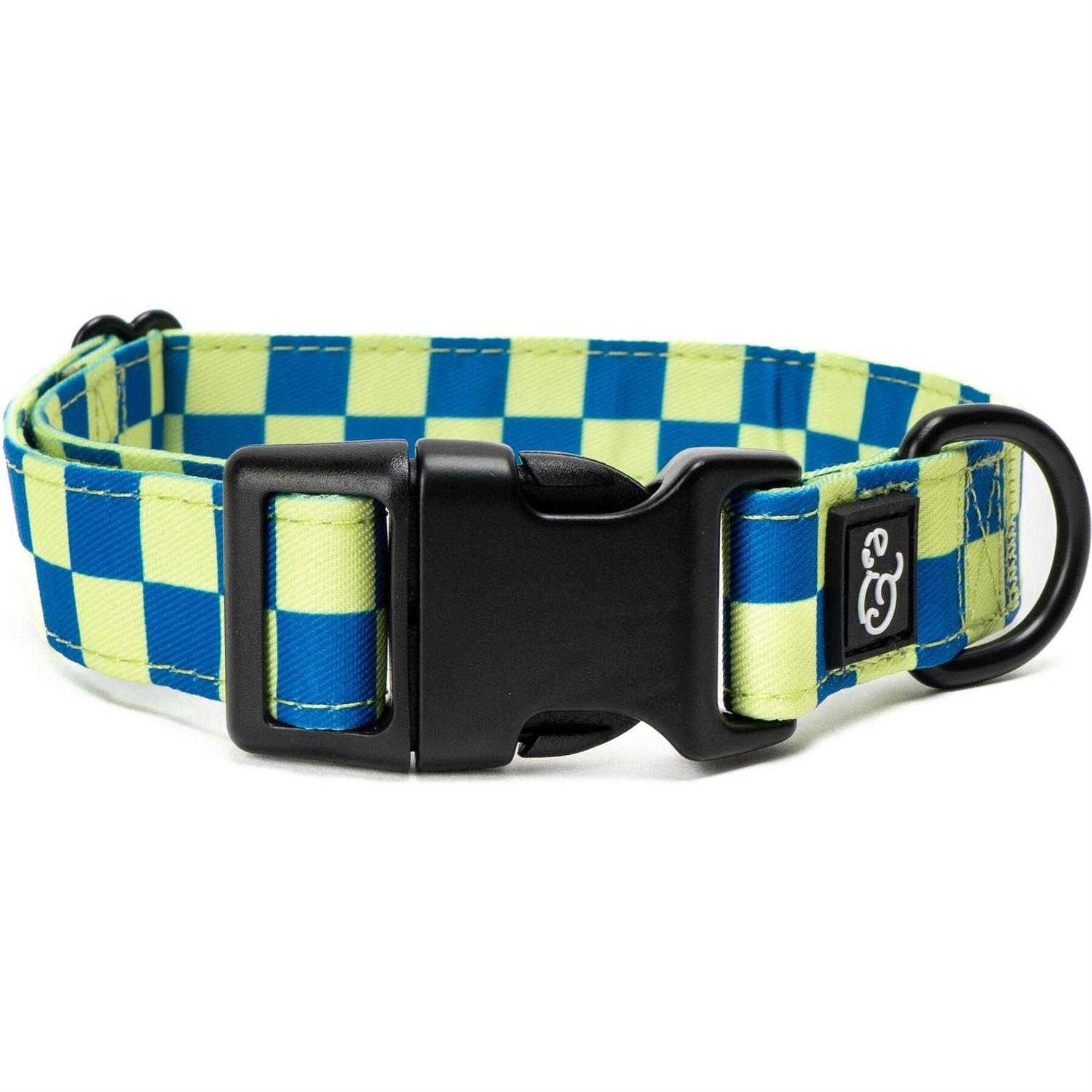 Lucy & Co. Have A Nice Day Dog Collar - Durable Lightweight Designer Collar for Pets - Adjustable Metal Safety Buckel - Lime Green Blue Checker -