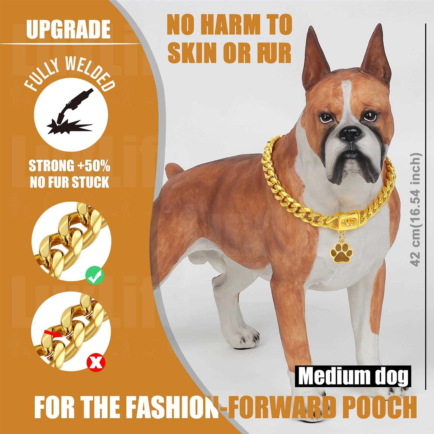 Alternative view of LuxLife Dog Chain Collars Gold Chain Dog Collar Cuban Link Dog Collar Snap Buckle 18K Stainless Steel Metal Dog