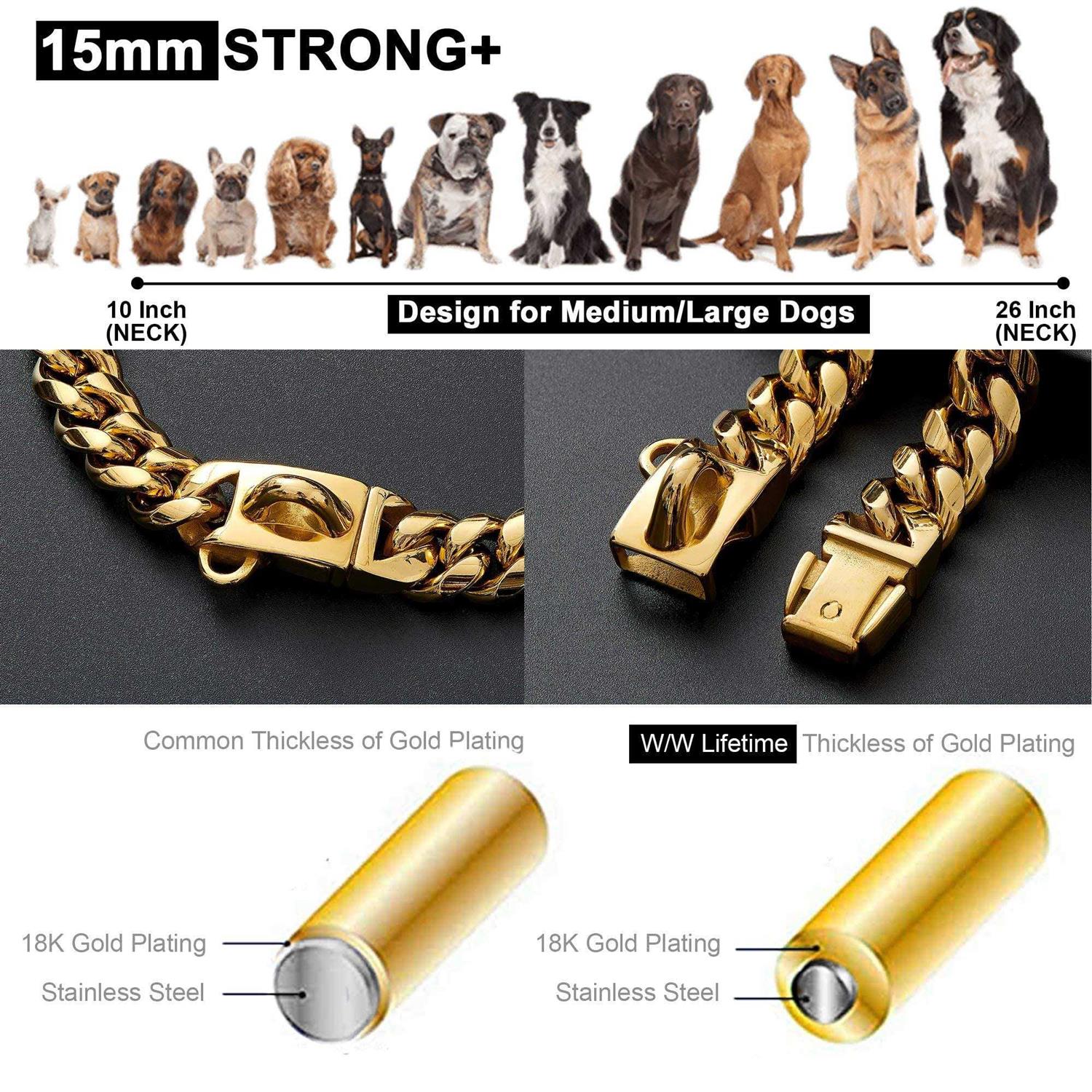 Alternative view of W/W Lifetime Gold Dog Chain Collar Walking Metal Chain Collar with Design Secure Buckle,18K Cuban Link Strong Heavy Duty Chew Proof for Medium Dogs