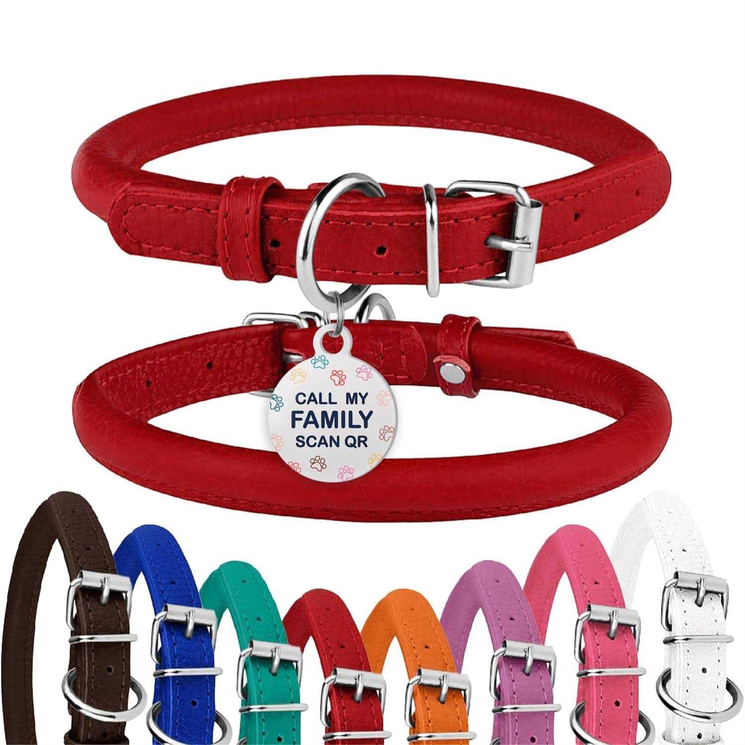 Bronzedog Rolled Leather Dog Collar with QR ID Dog Tag Round Personalized Collars for Small Medium Large Dogs Puppy Cat