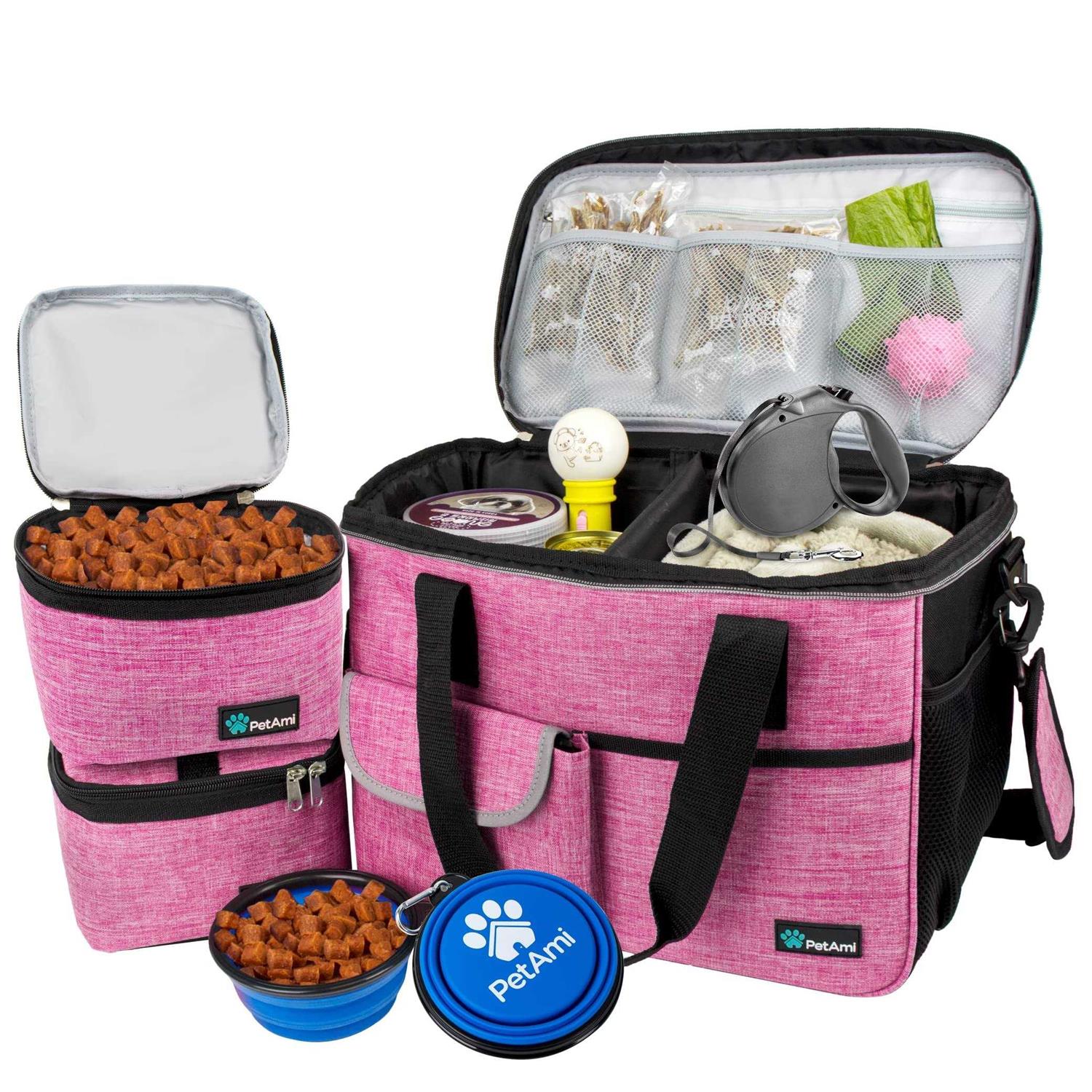 PetAmi Dog Travel Bag, Travel Pet Bag Organizer, Dog Food Travel Bag with Food container and Bowls