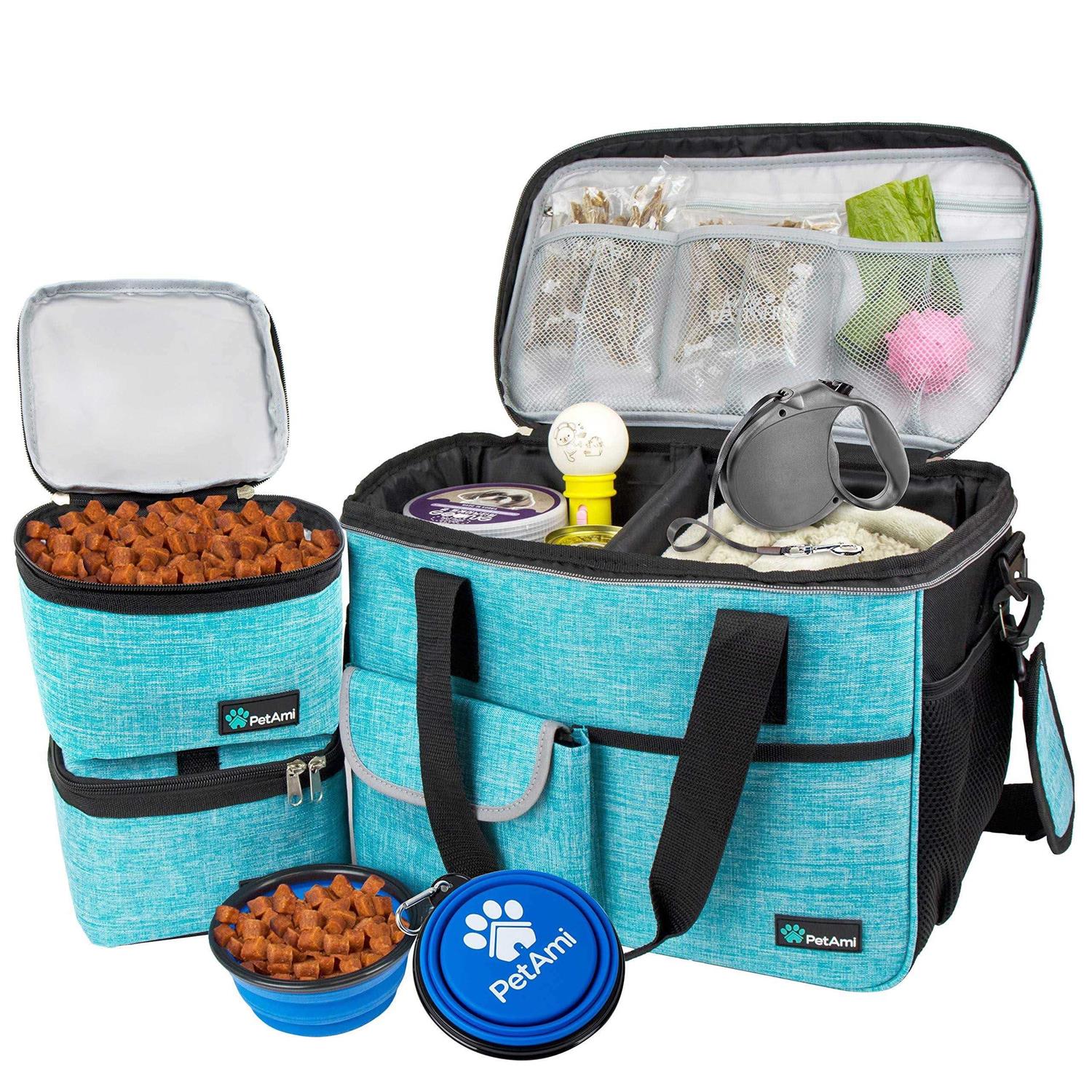 PetAmi Dog Travel Bag, Travel Pet Bag Organizer, Dog Food Travel Bag with Food container and Bowls