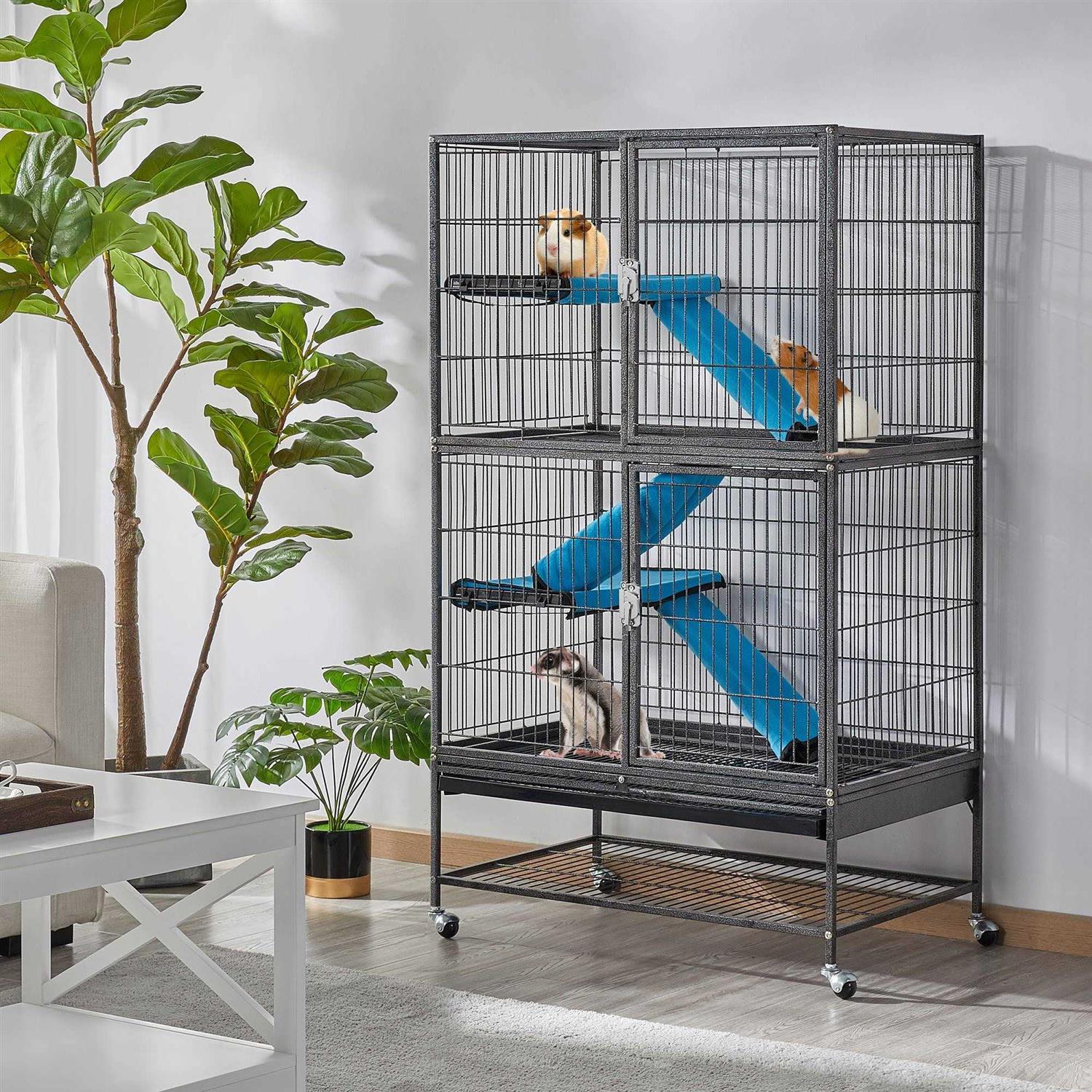 Alternative view of Topeakmart Hammered Black Rolling Metal Small Animal Cage with Removable Ramp