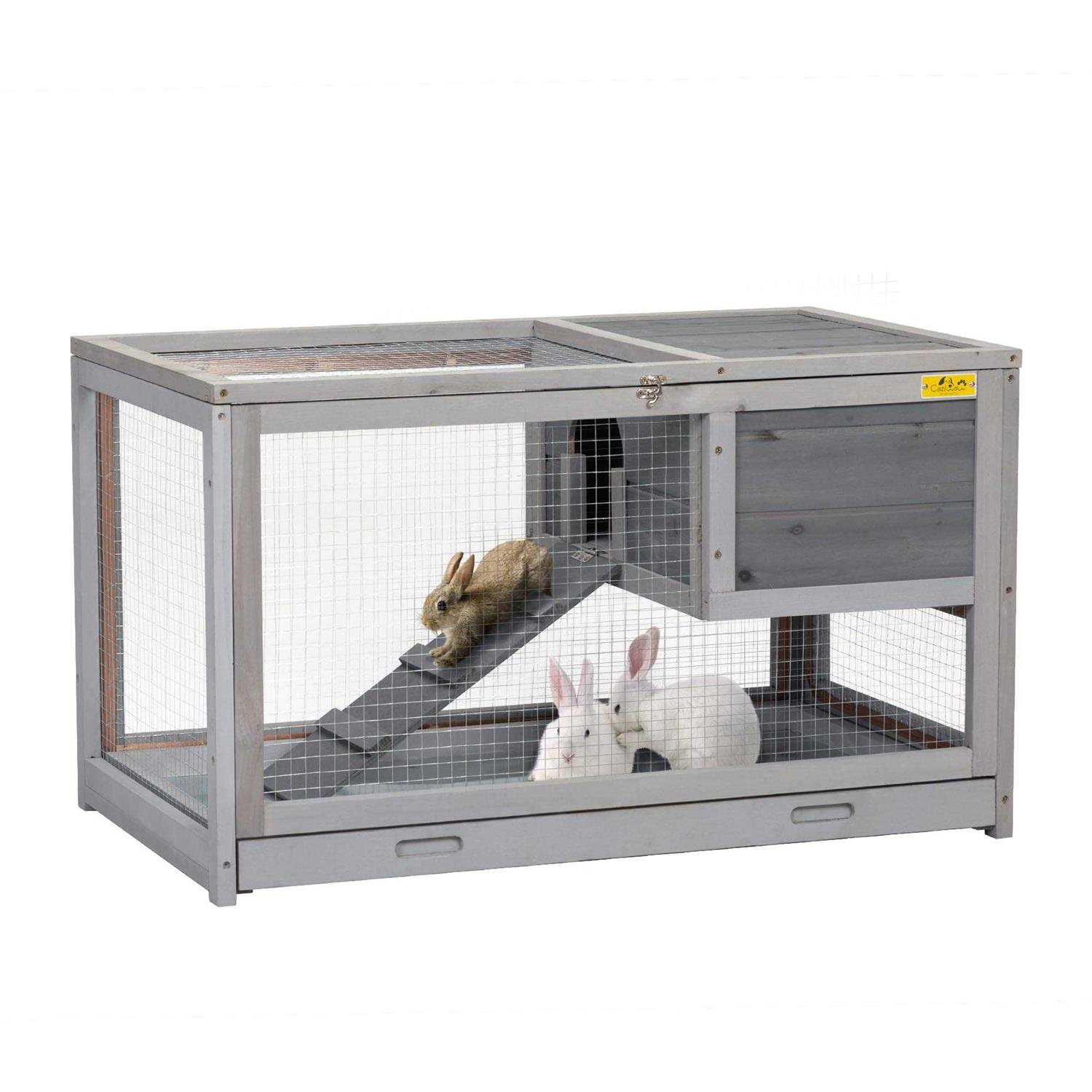 cozivvovv 2 Story Wooden Rabbit Hutch Indoor Outdoor Rabbit Cage with Pull Out Tray, Openable Roof, Side Door and Anti-Slip Ramp