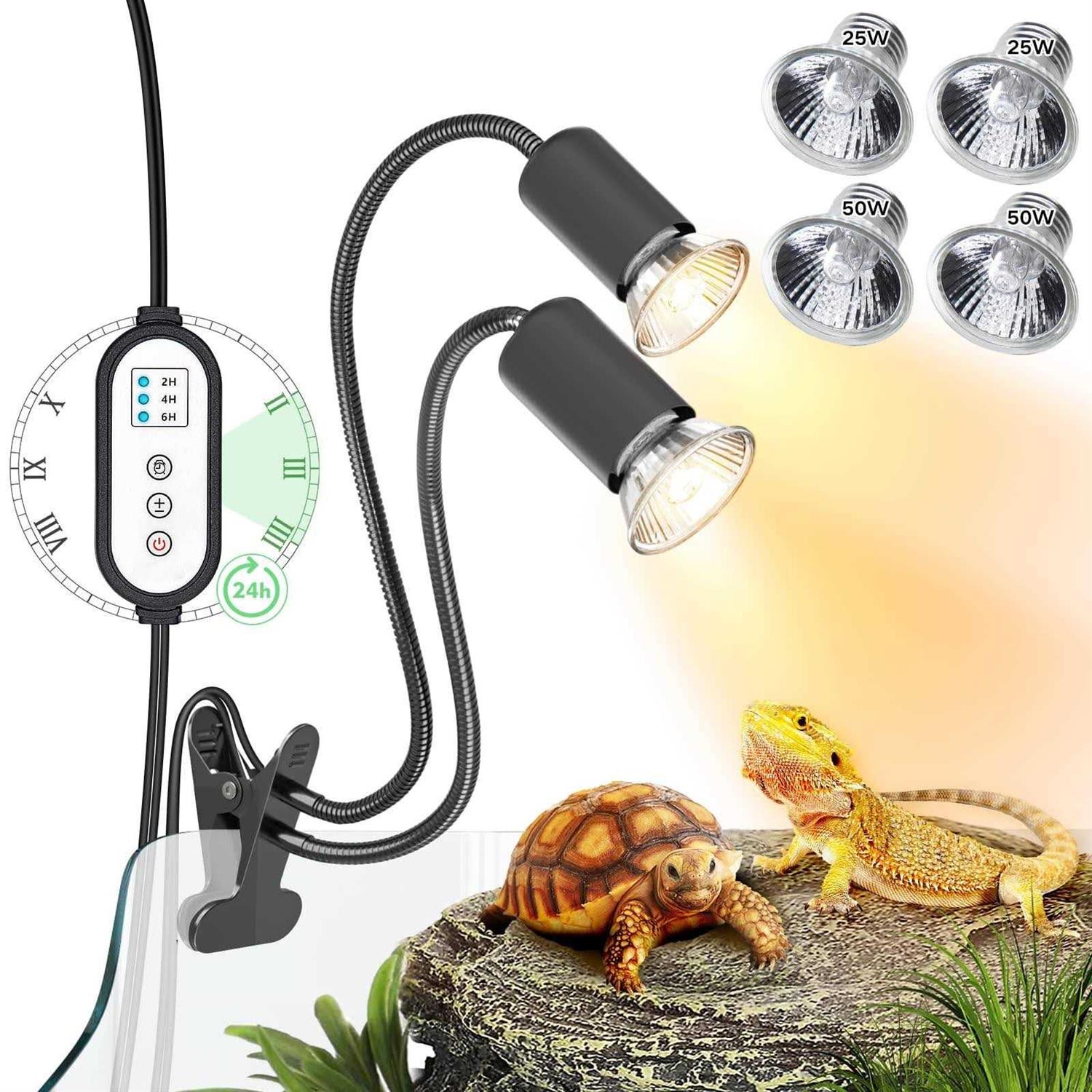 DTZY Reptile Heat Lamp Dual-Head UVA/B Reptile Light With Cycle Timer