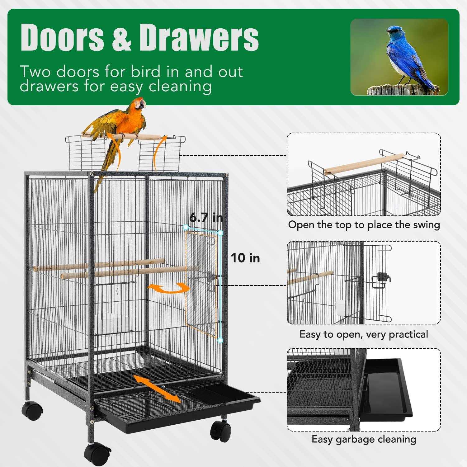 Alternative view of BestPet 35-inch Wrought Iron Bird Cage with Play Open Top and Rolling Stand,Black
