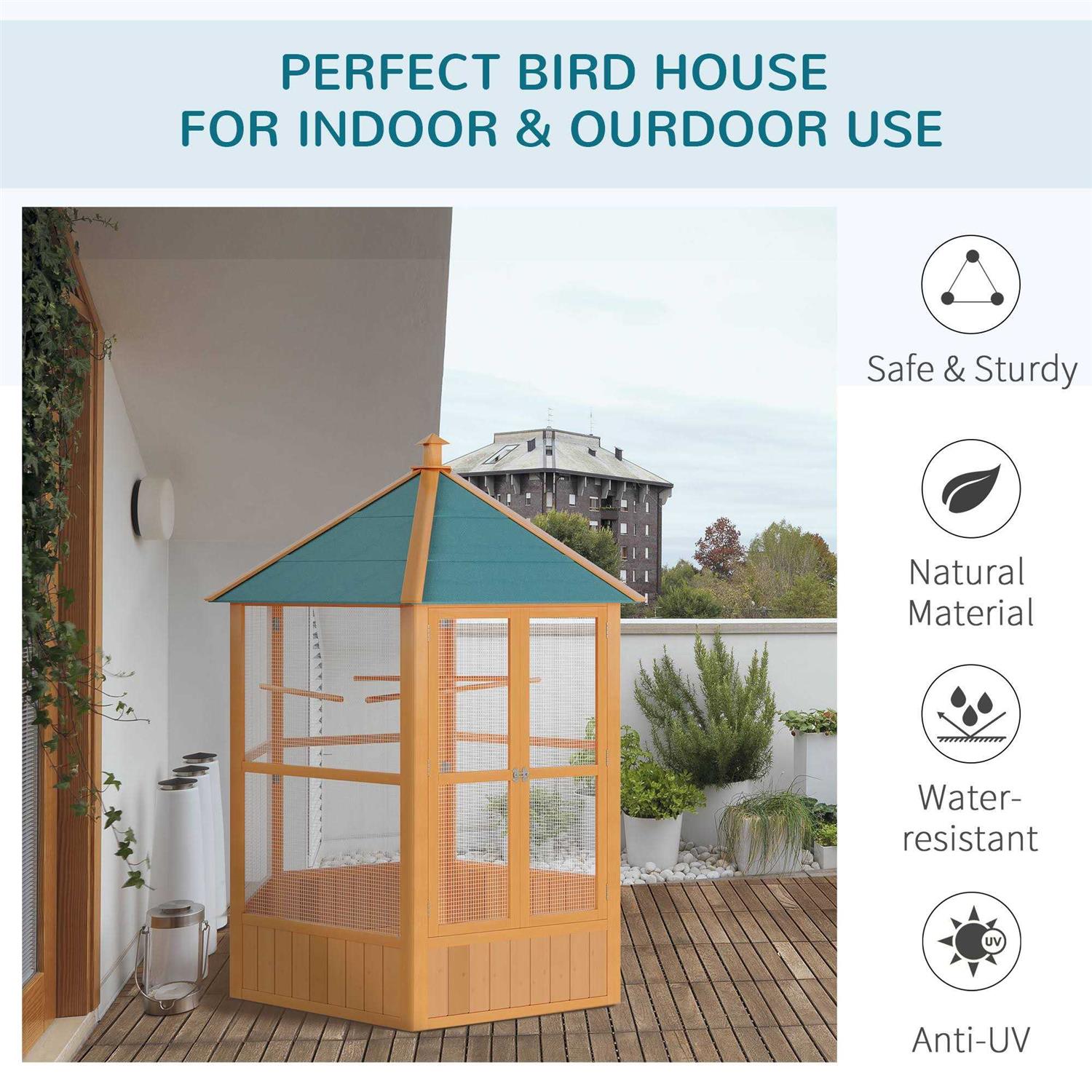 Alternative view of PawHut 69 Large Wooden Hexagonal Outdoor Aviary Flight Bird Cage With Covered Roof