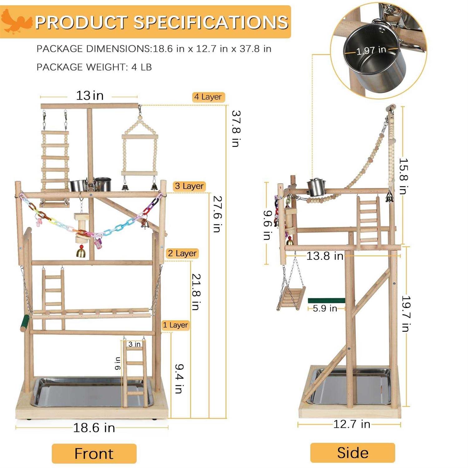 Alternative view of Ibnotuiy Pet Parrot Playstand Parrots Bird Playground Bird Play Stand Wood Perch Gym Playpen Ladder with Feeder Cups Bells for Cockatiel Parakeet